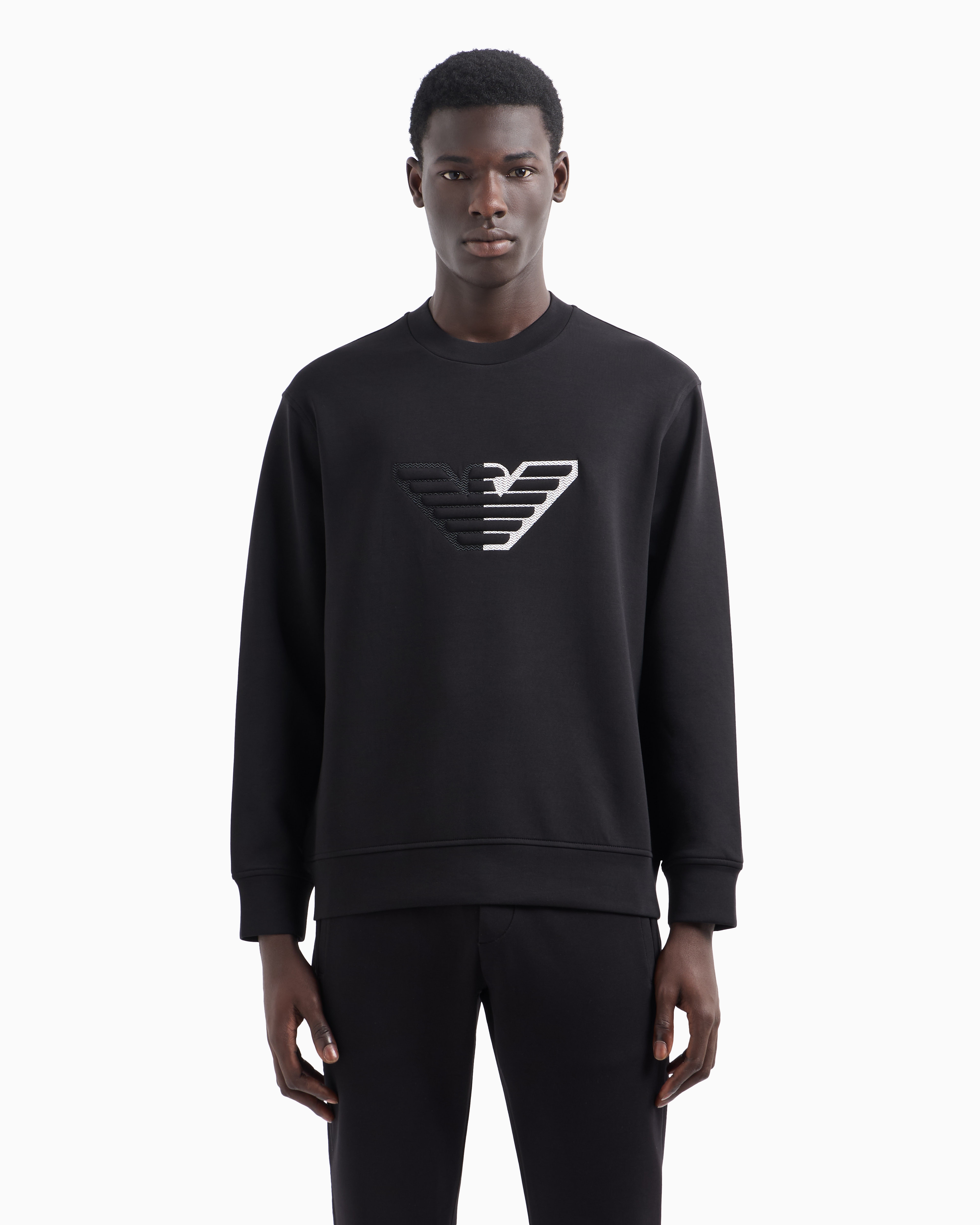 Shop Emporio Armani Double-jersey Sweatshirt With Embossed Oversized Eagle On A Chevron Background In Black