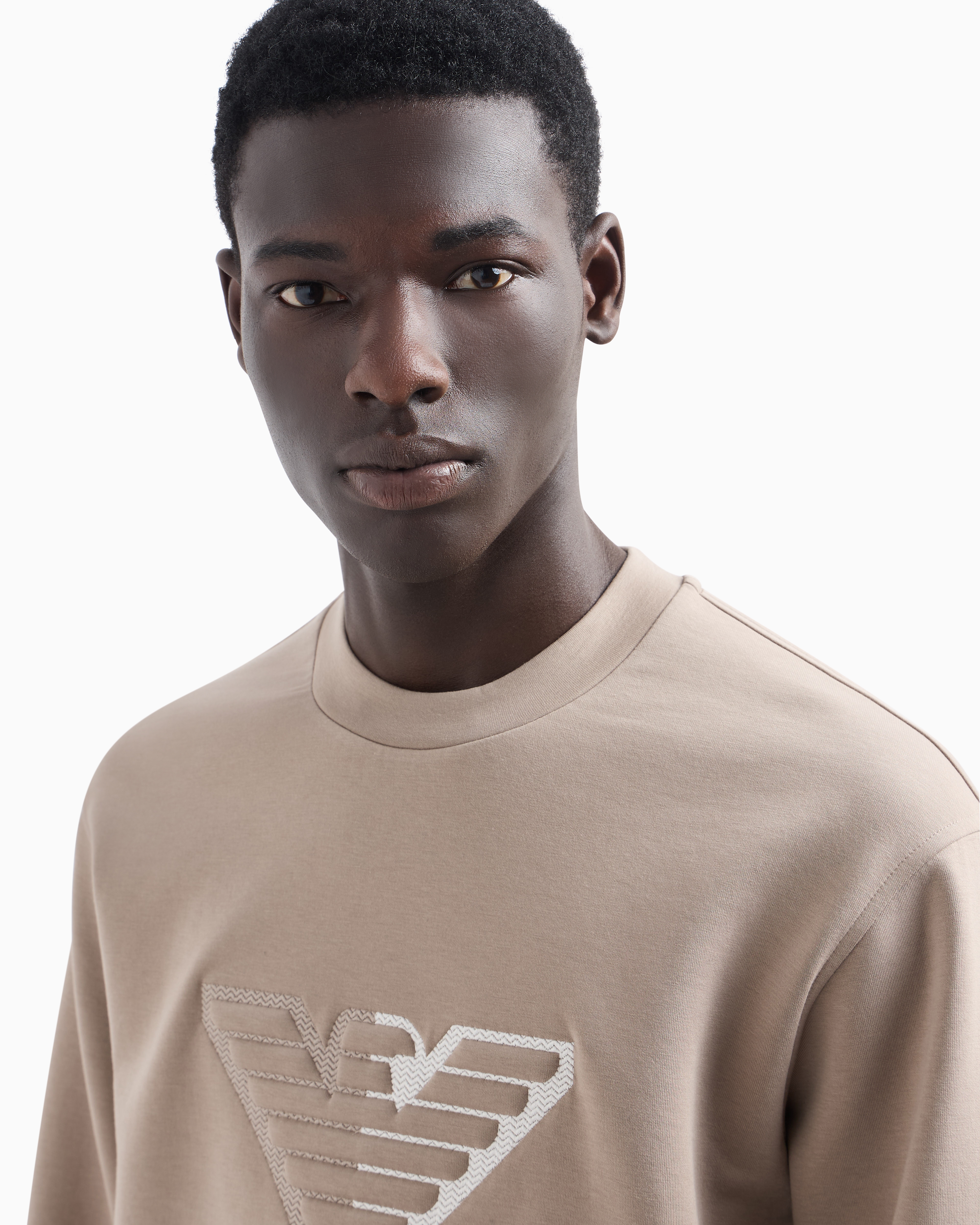 Shop Emporio Armani Double-jersey Sweatshirt With Embossed Oversized Eagle On A Chevron Background In Beige