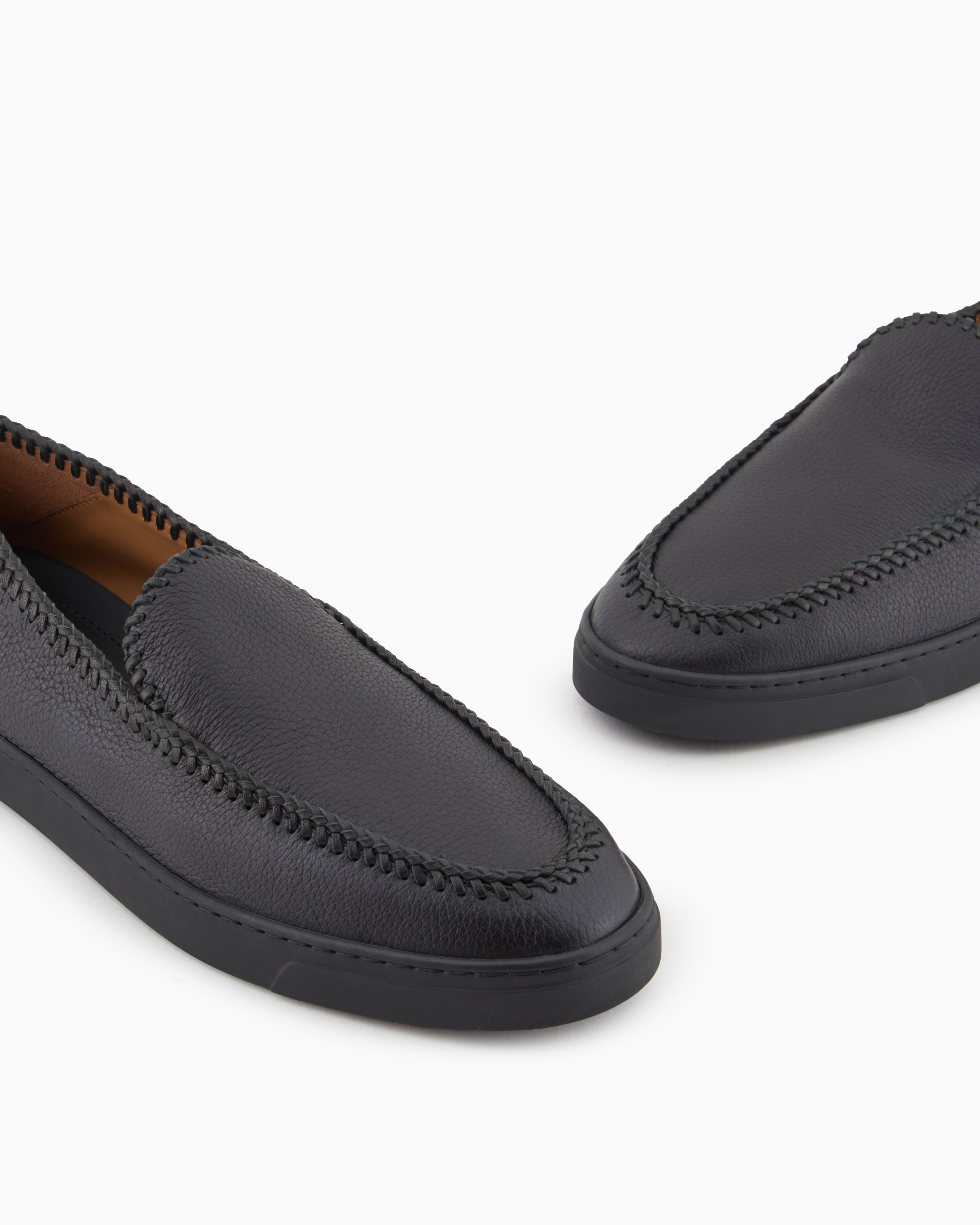 Giorgio Armani Official Store Galleria 3 Deerskin Slip-ons With Threading In Black