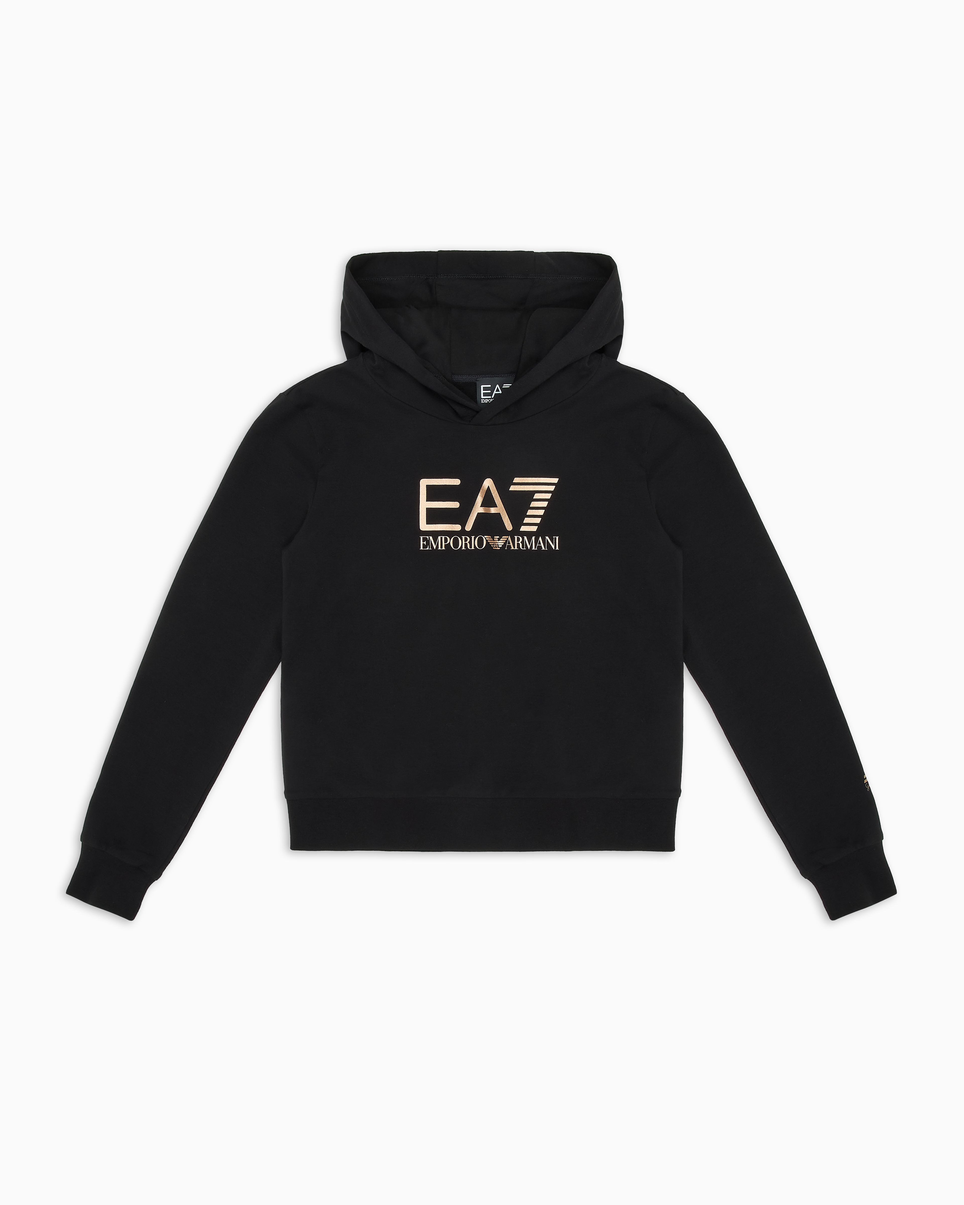 Ea7 Kids' Official Store Shiny Girl Stretch-cotton Hooded Sweatshirt In Black