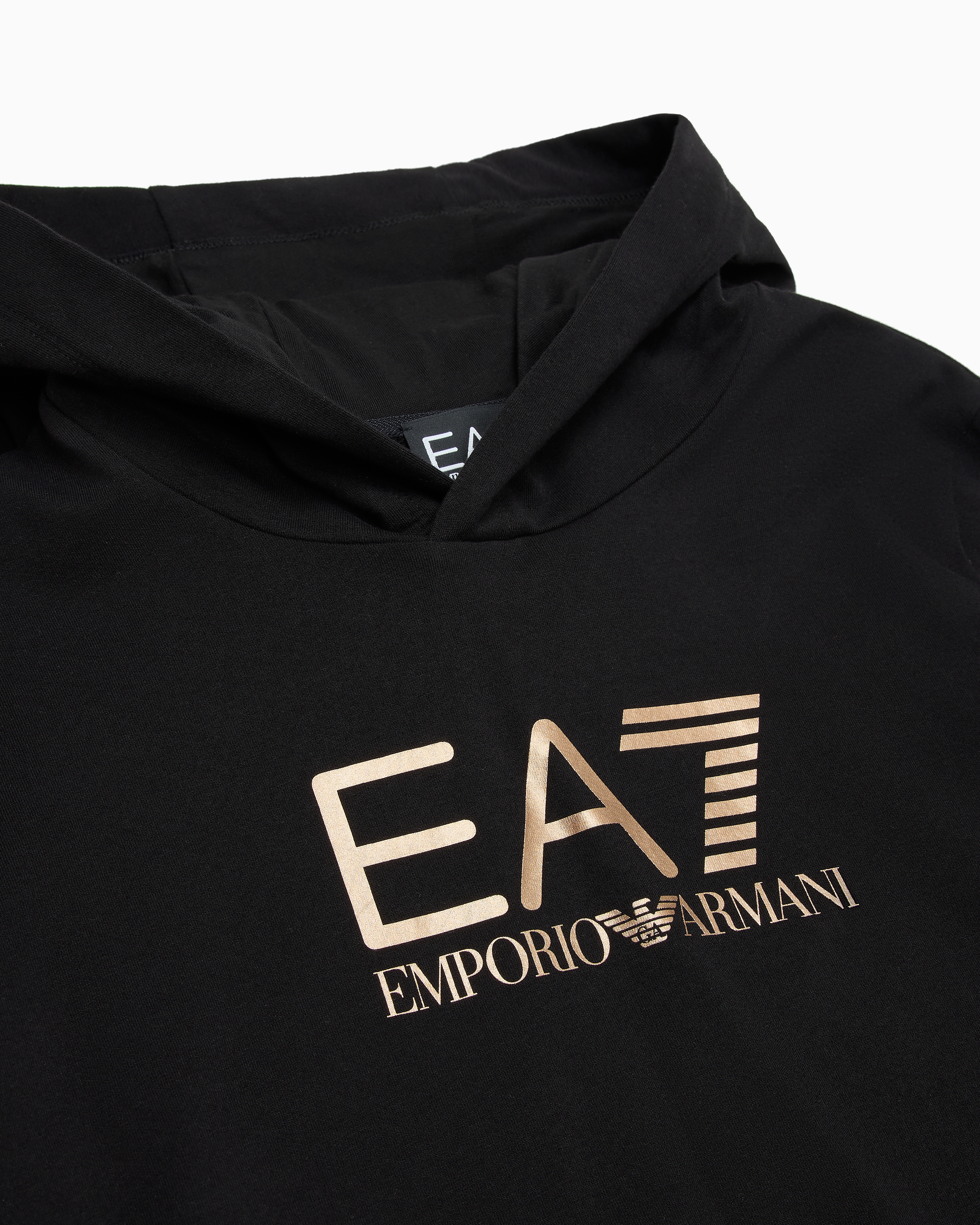 Ea7 Official Store Shiny Girl Stretch-cotton Hooded Sweatshirt In Black