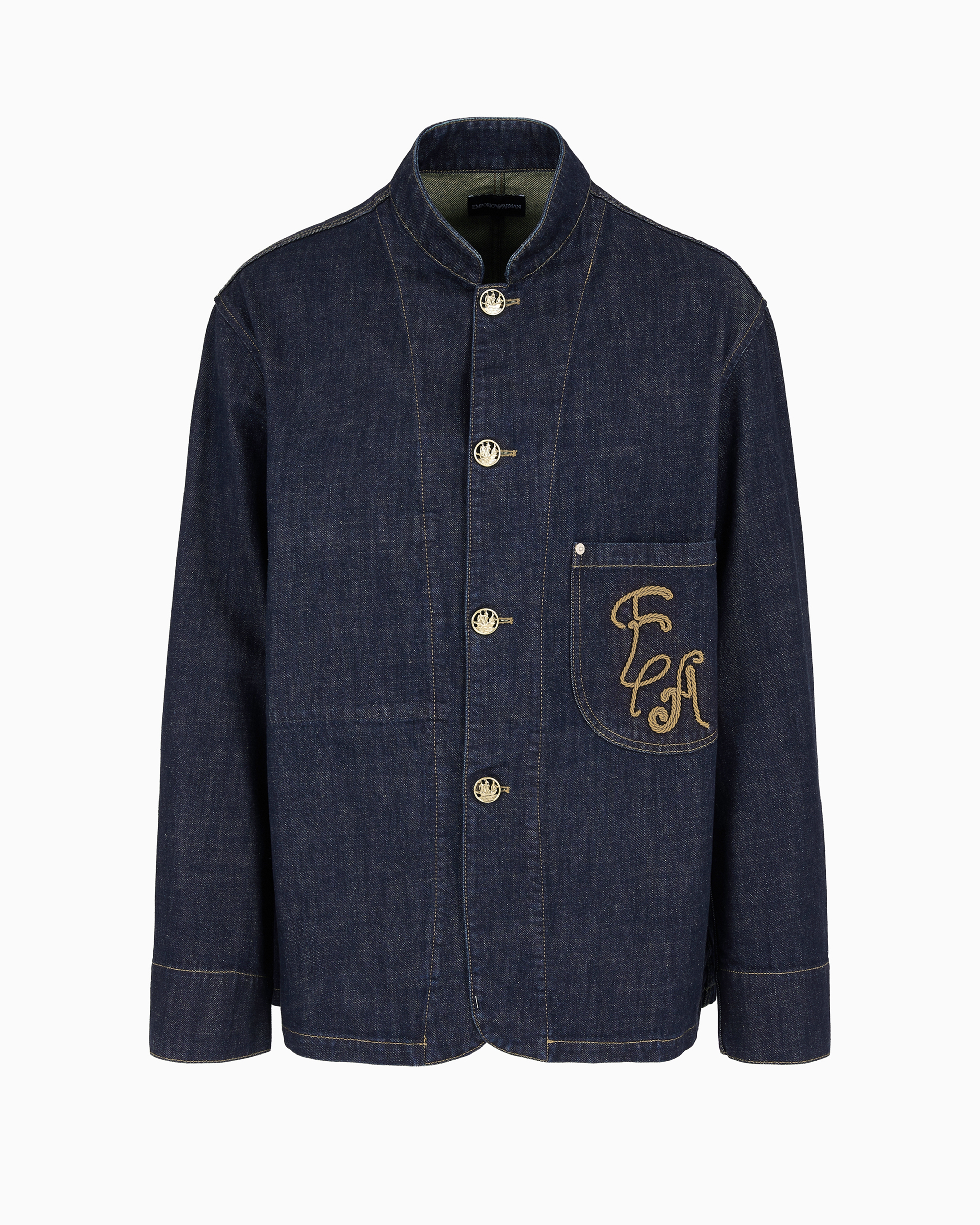 Emporio Armani Official Store Dirty-treatment Denim Blazer With Guru Collar And Ea Embroidery