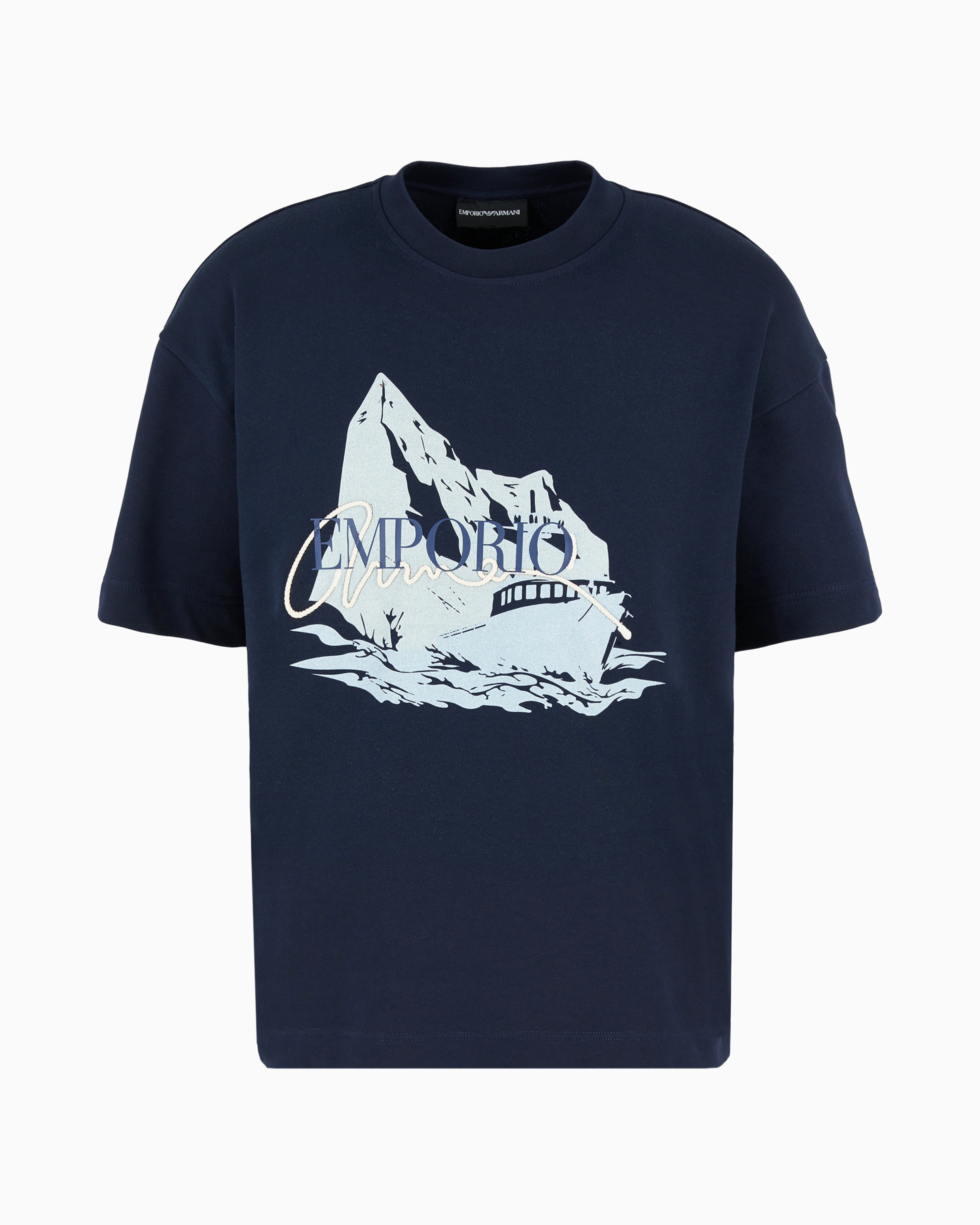 Emporio Armani Official Store Lightweight Jersey Short-sleeved Sweatshirt With Iceberg And Logo Print In Bleu Marine