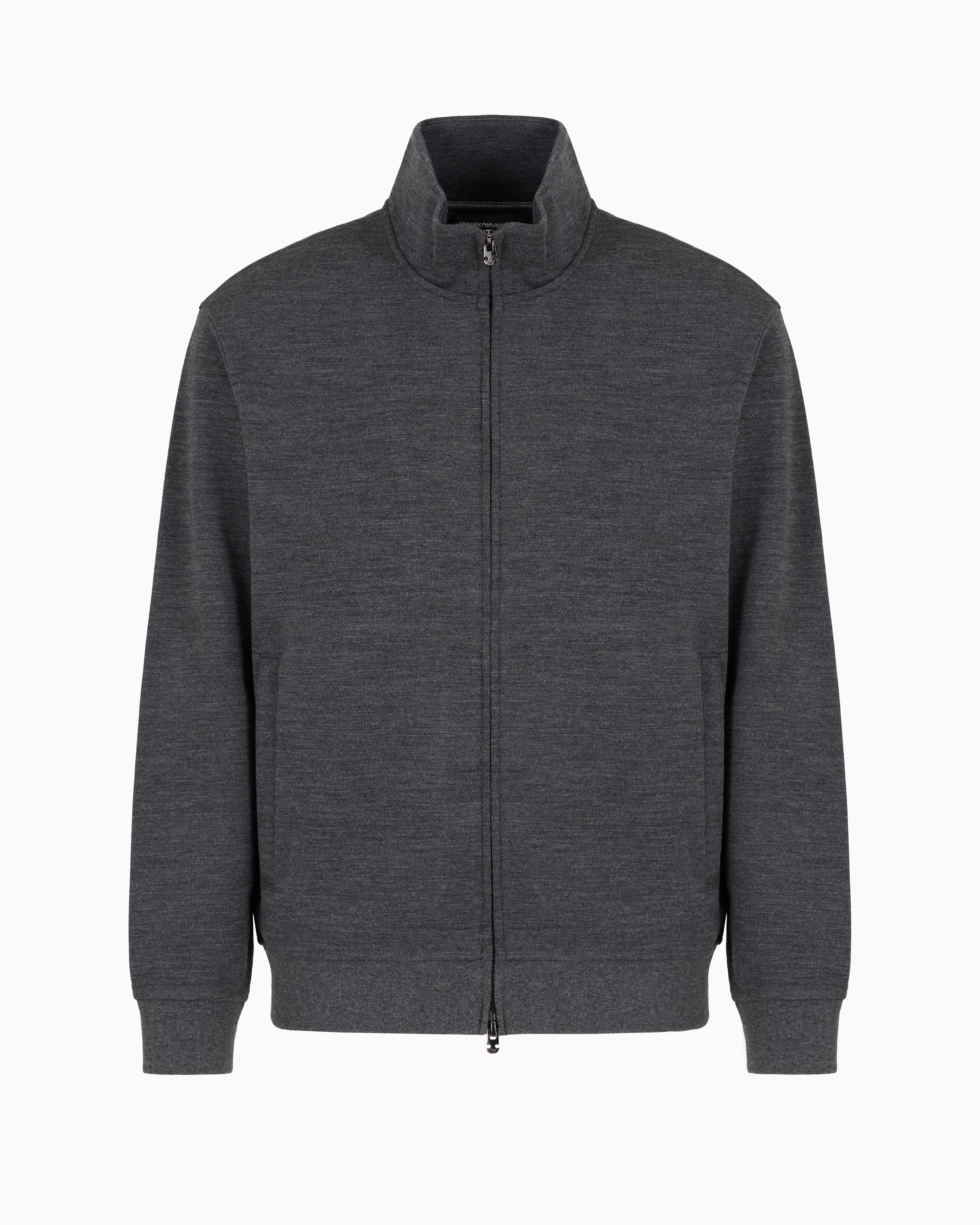 Emporio Armani Official Store Travel Essentials Virgin Wool-blend Jersey Full-zip Cardigan In Gray