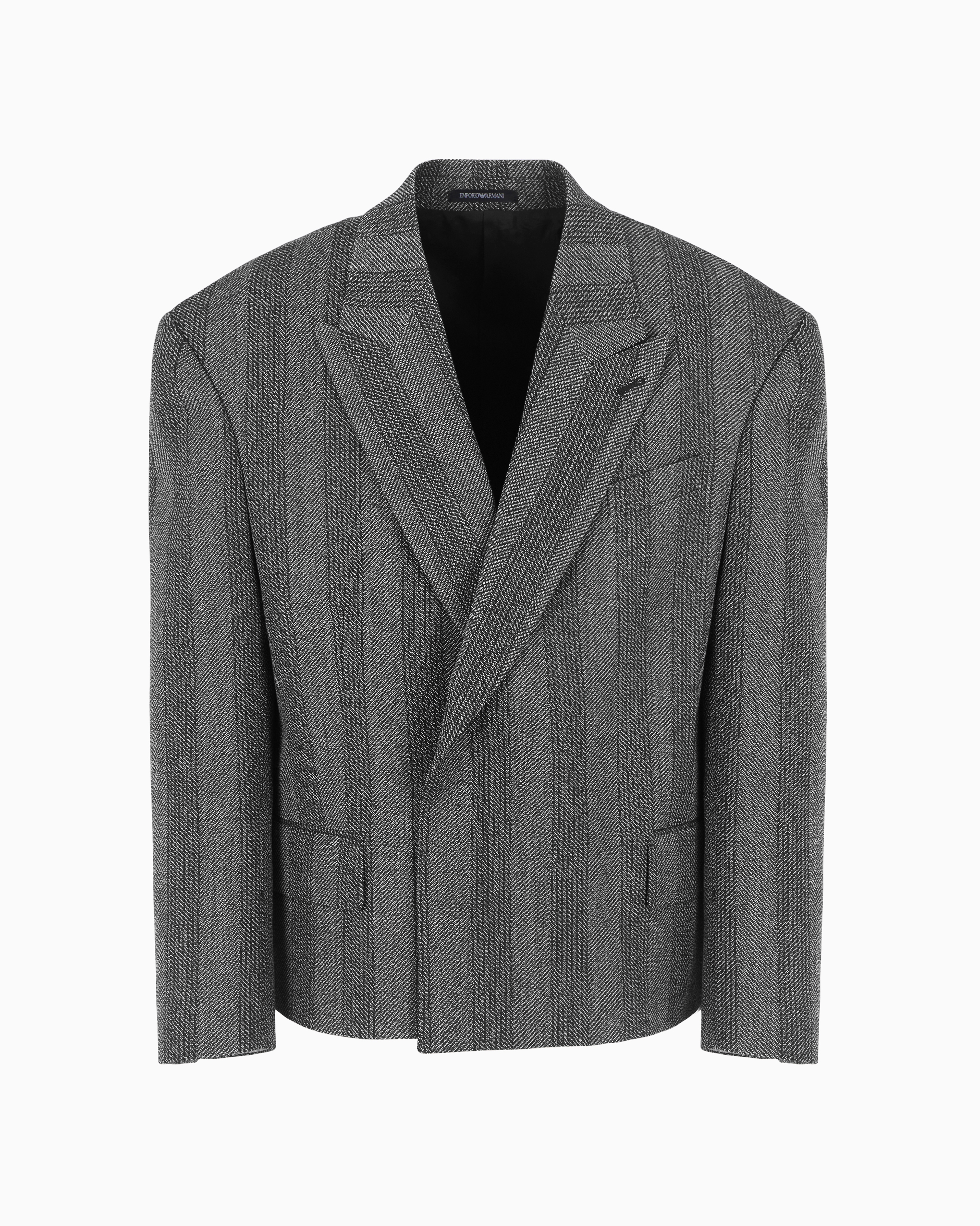 Shop Emporio Armani Short Single-breasted Blazer In Compact Virgin Wool With Chevron Stripes In Grey