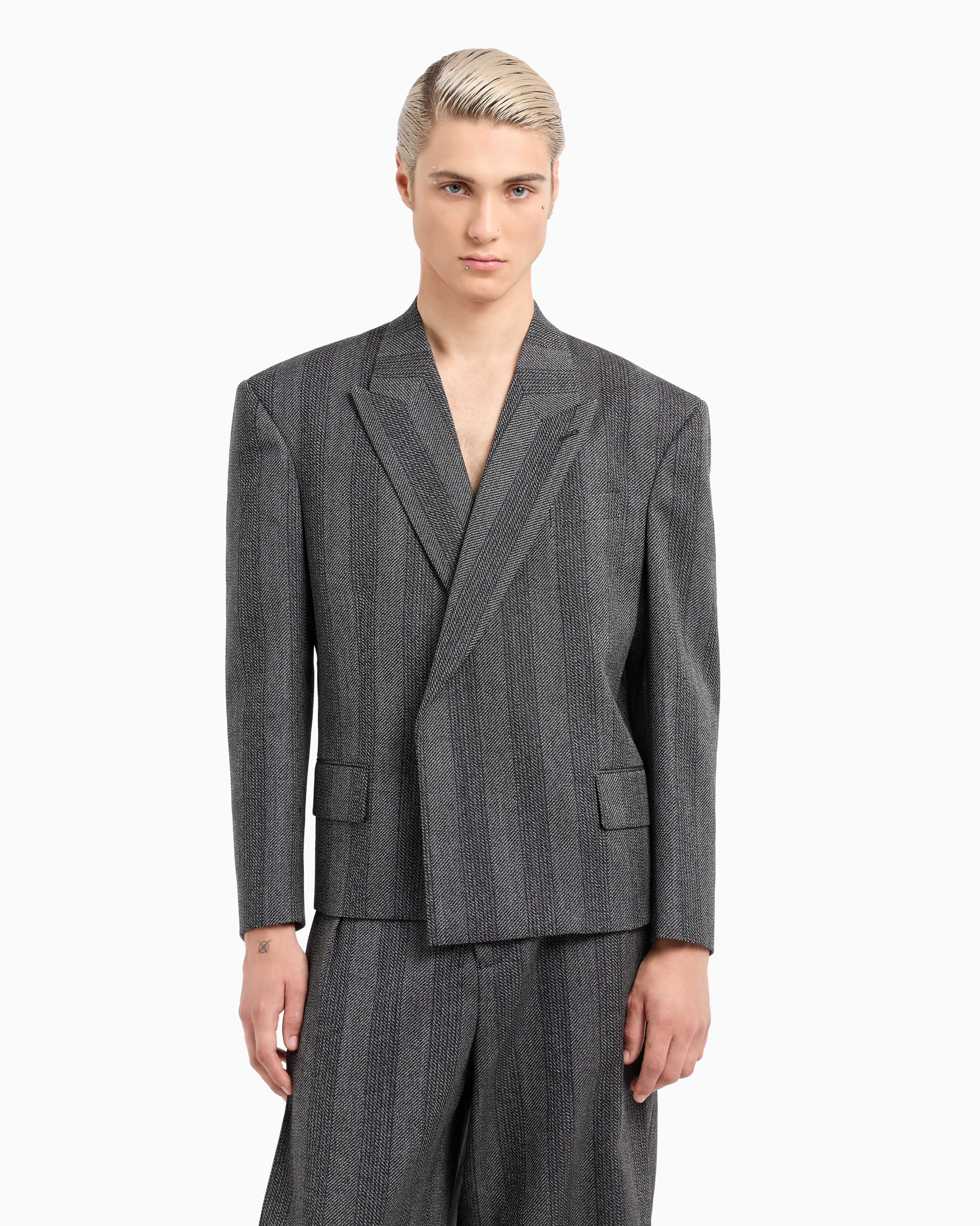 Shop Emporio Armani Short Single-breasted Blazer In Compact Virgin Wool With Chevron Stripes In Grey