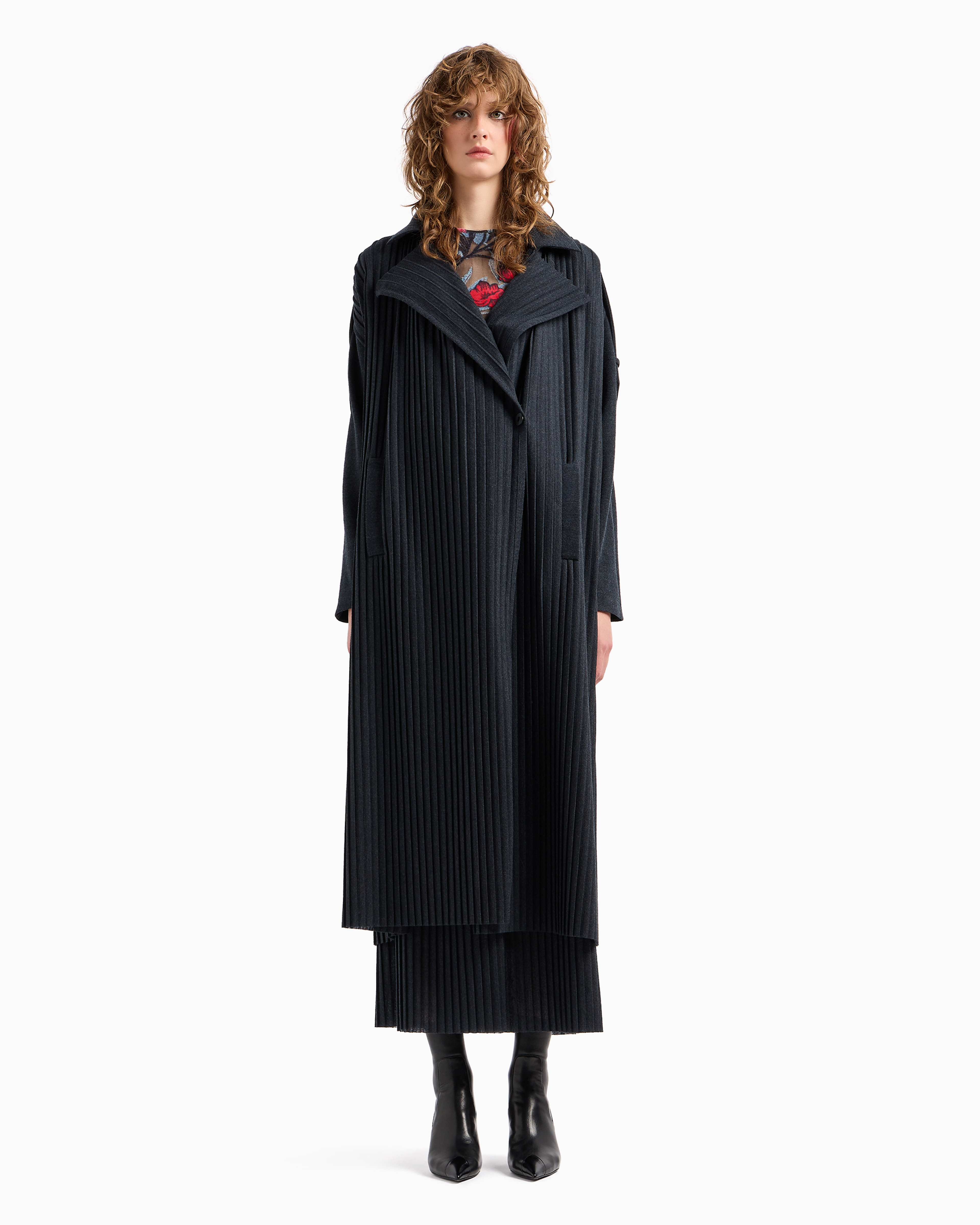 Shop Giorgio Armani Pleated Wool Jersey Long Trench Coat In Gray