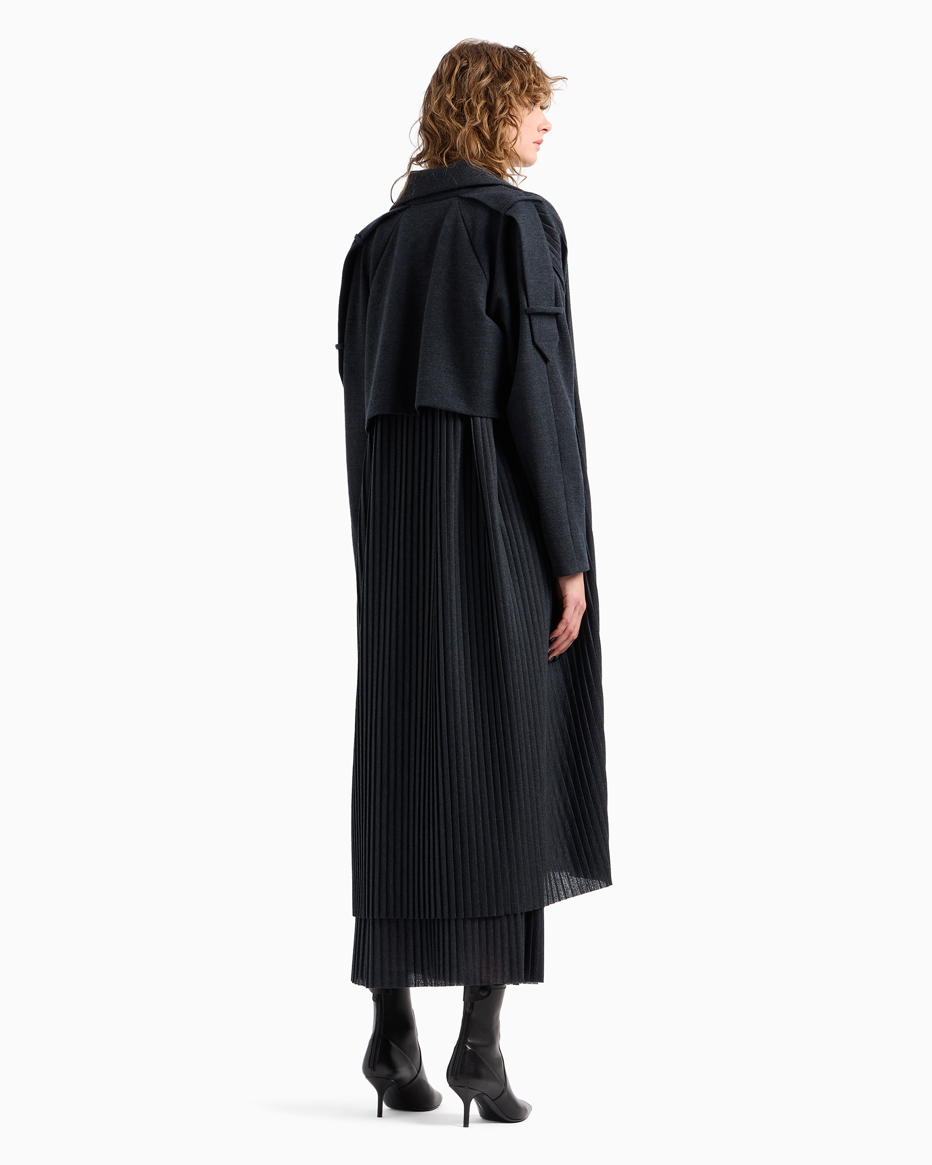 Shop Giorgio Armani Pleated Wool Jersey Long Trench Coat In Gray