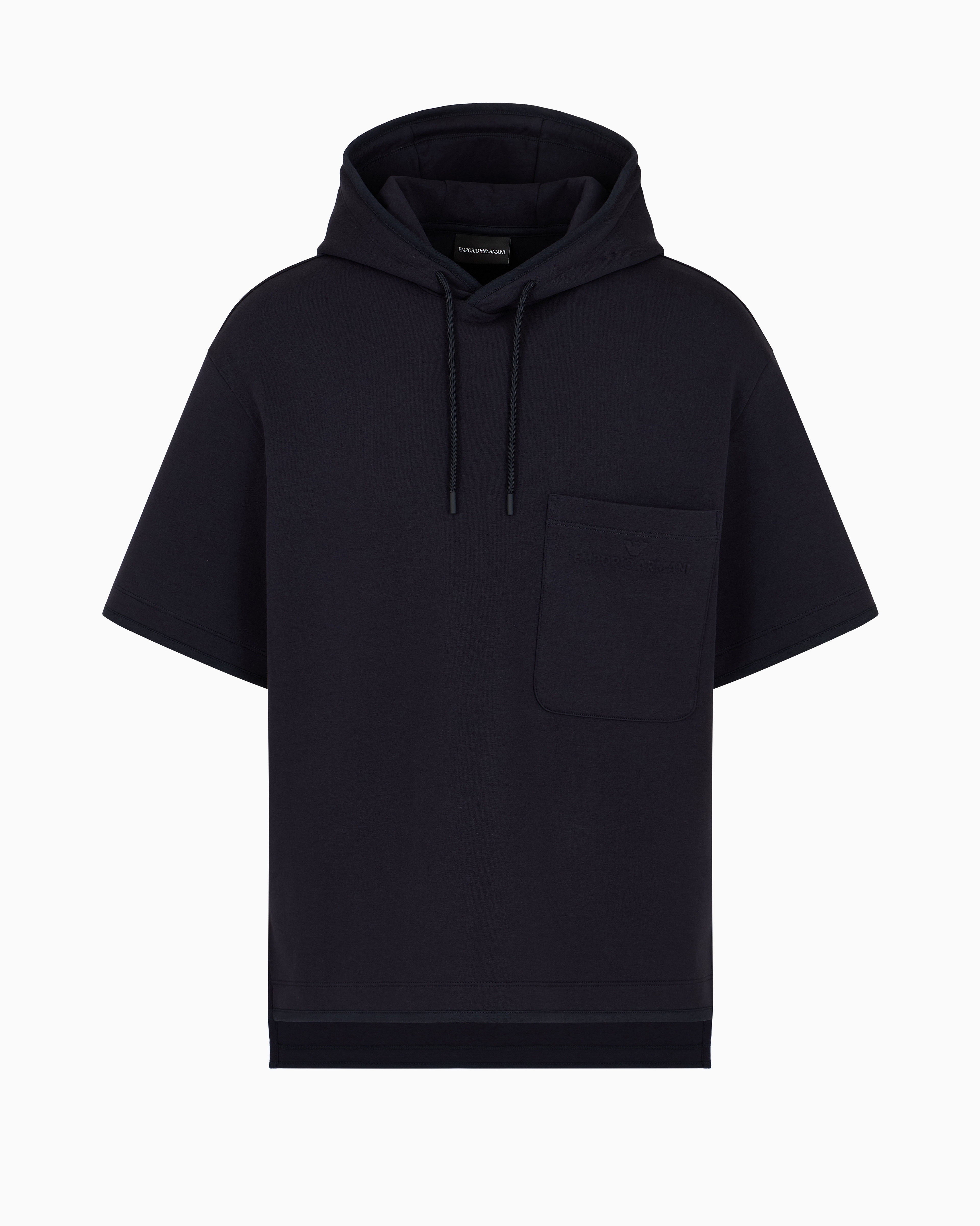 Emporio Armani Official Store Short-sleeved Double-jersey Hooded Sweatshirt With A Patch Pocket In Navy Blue