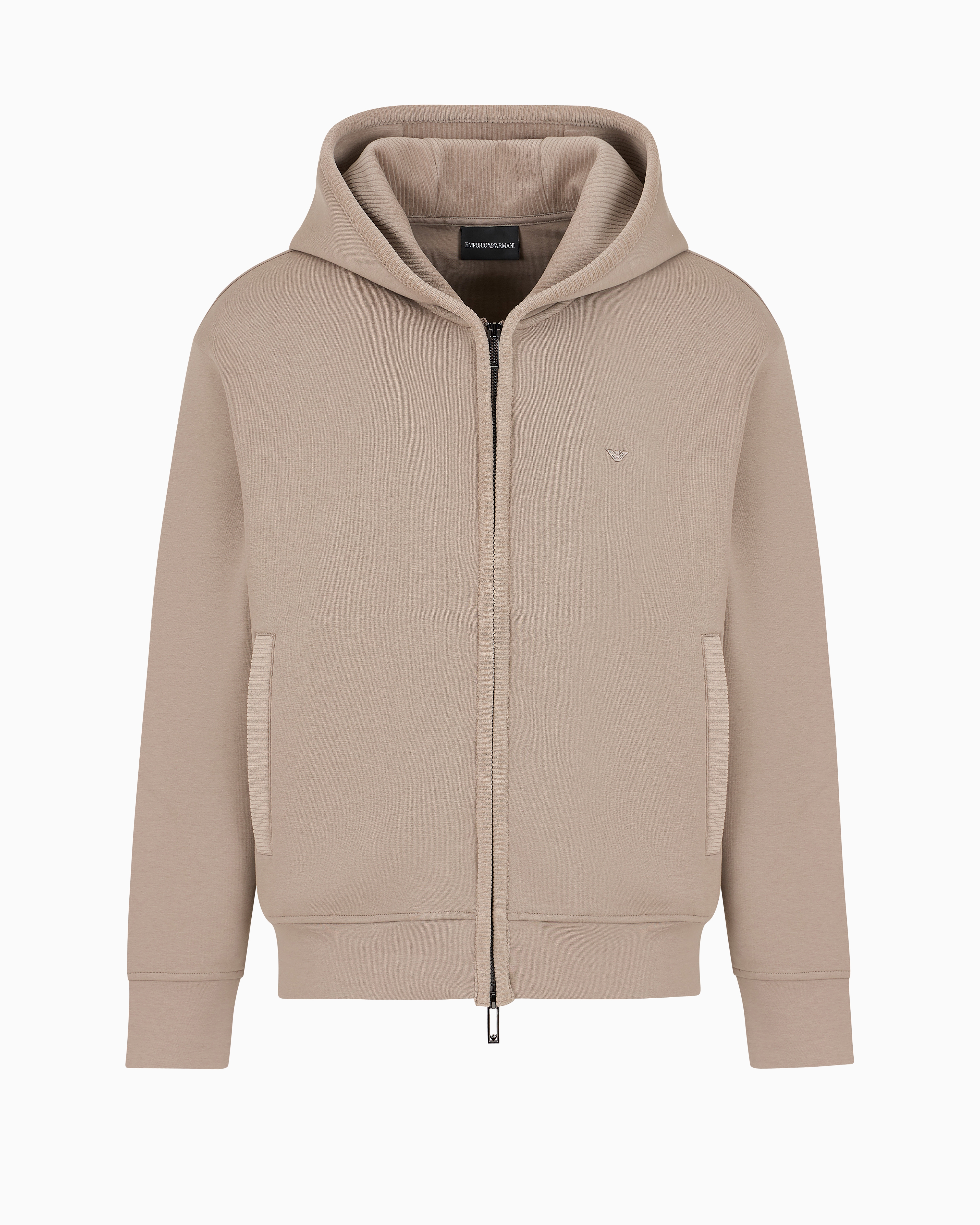 Emporio Armani Official Store Double-jersey Hooded Zip-up Sweatshirt With Velour Details In Brown