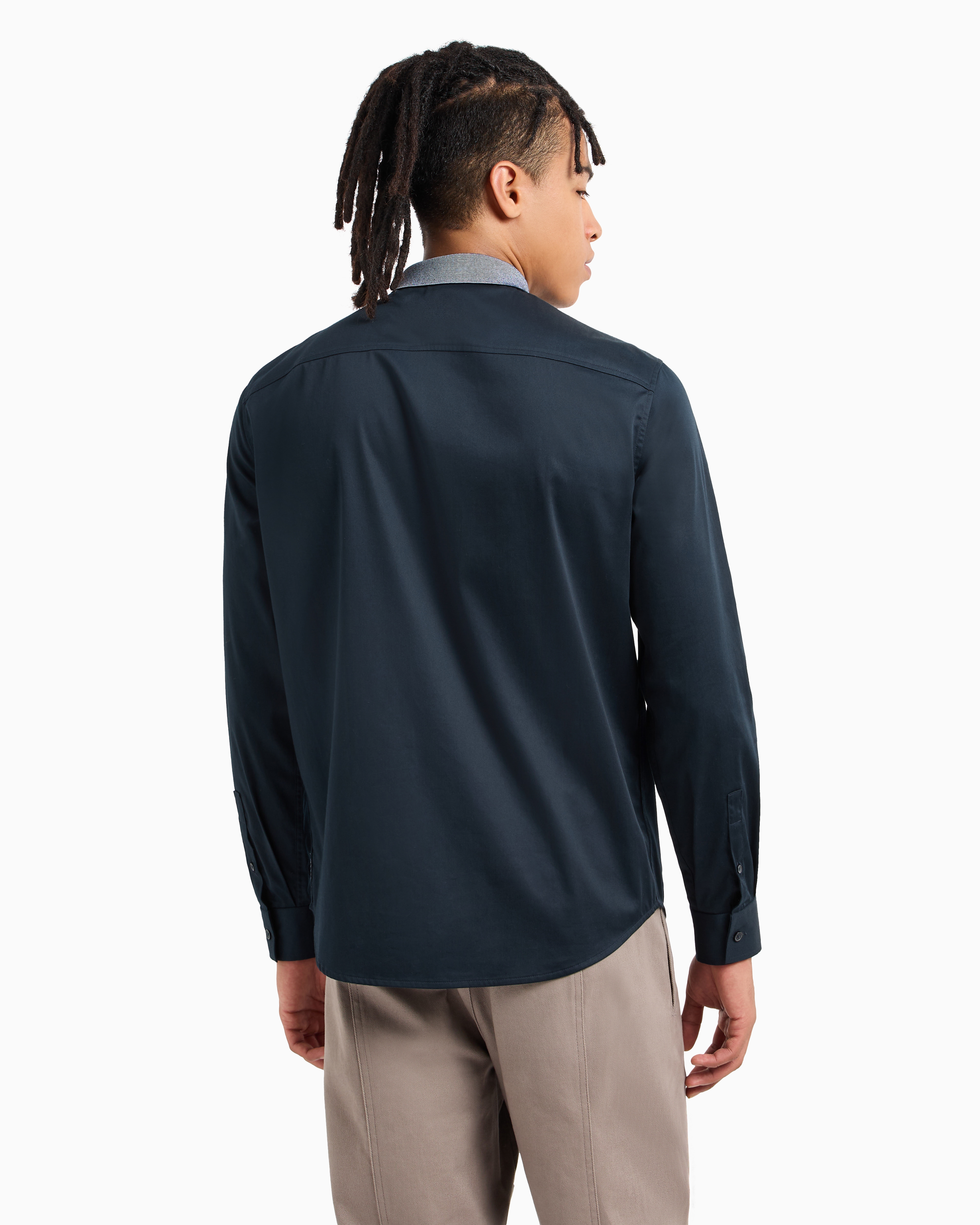 Shop Armani Exchange Slim Fit Shirt In Stretch Cotton Poplin In Navy Blue