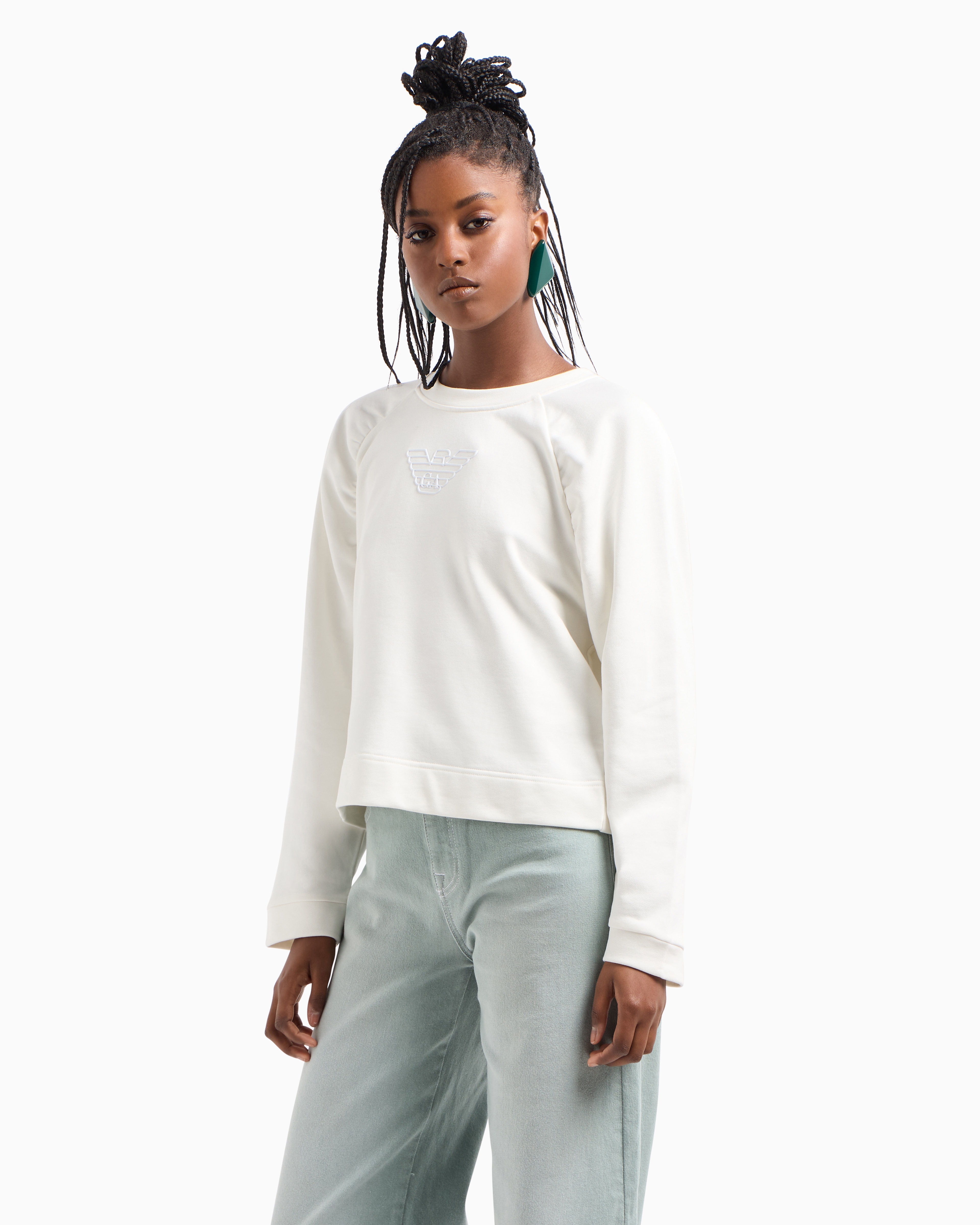 Emporio Armani Official Store Asv Organic French Terry Sweatshirt With Shiny Rubberised Eagle In White