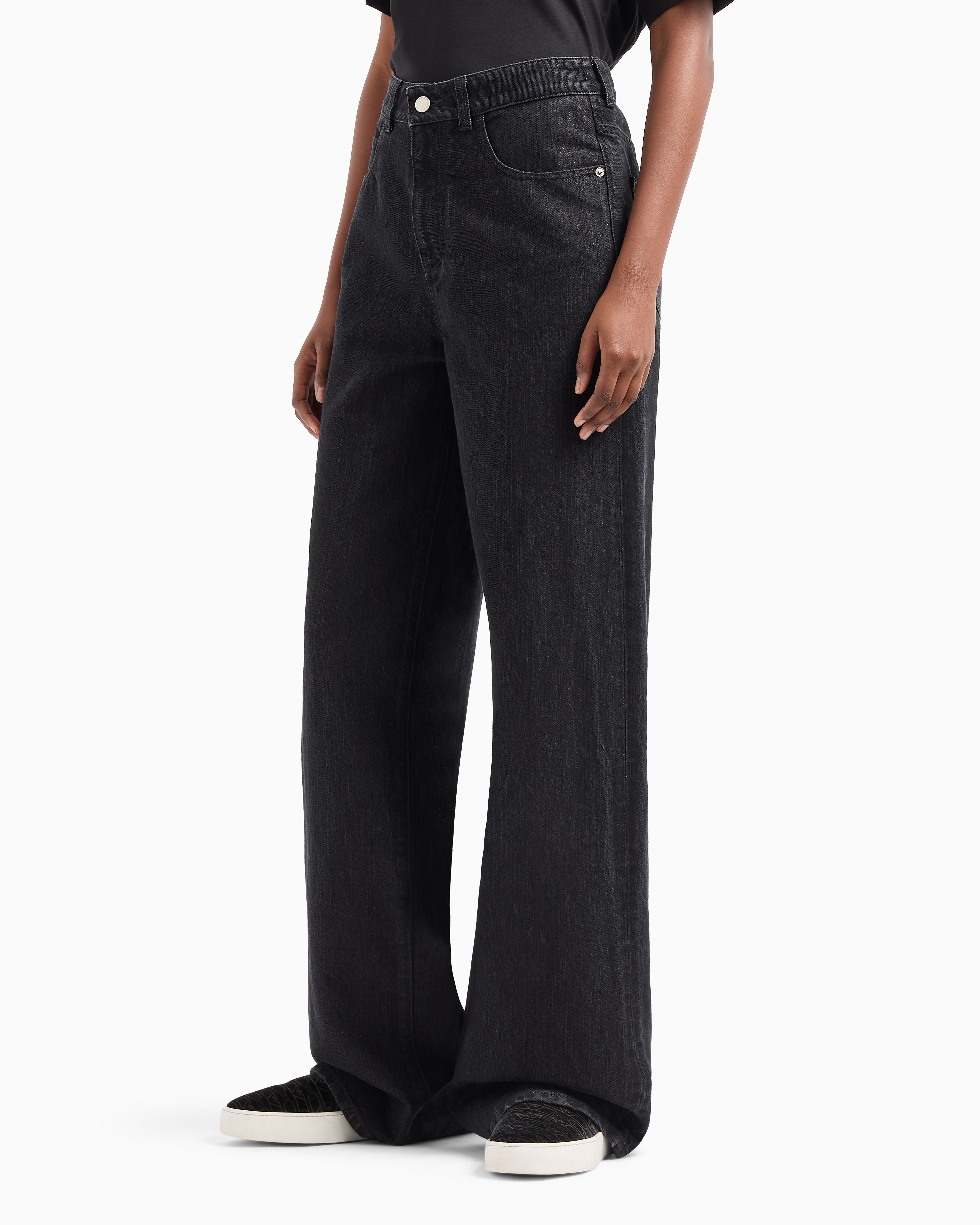 Shop Emporio Armani J8b Mid-rise Jeans With An Extra Wide Leg In Lurex Denim In Noir