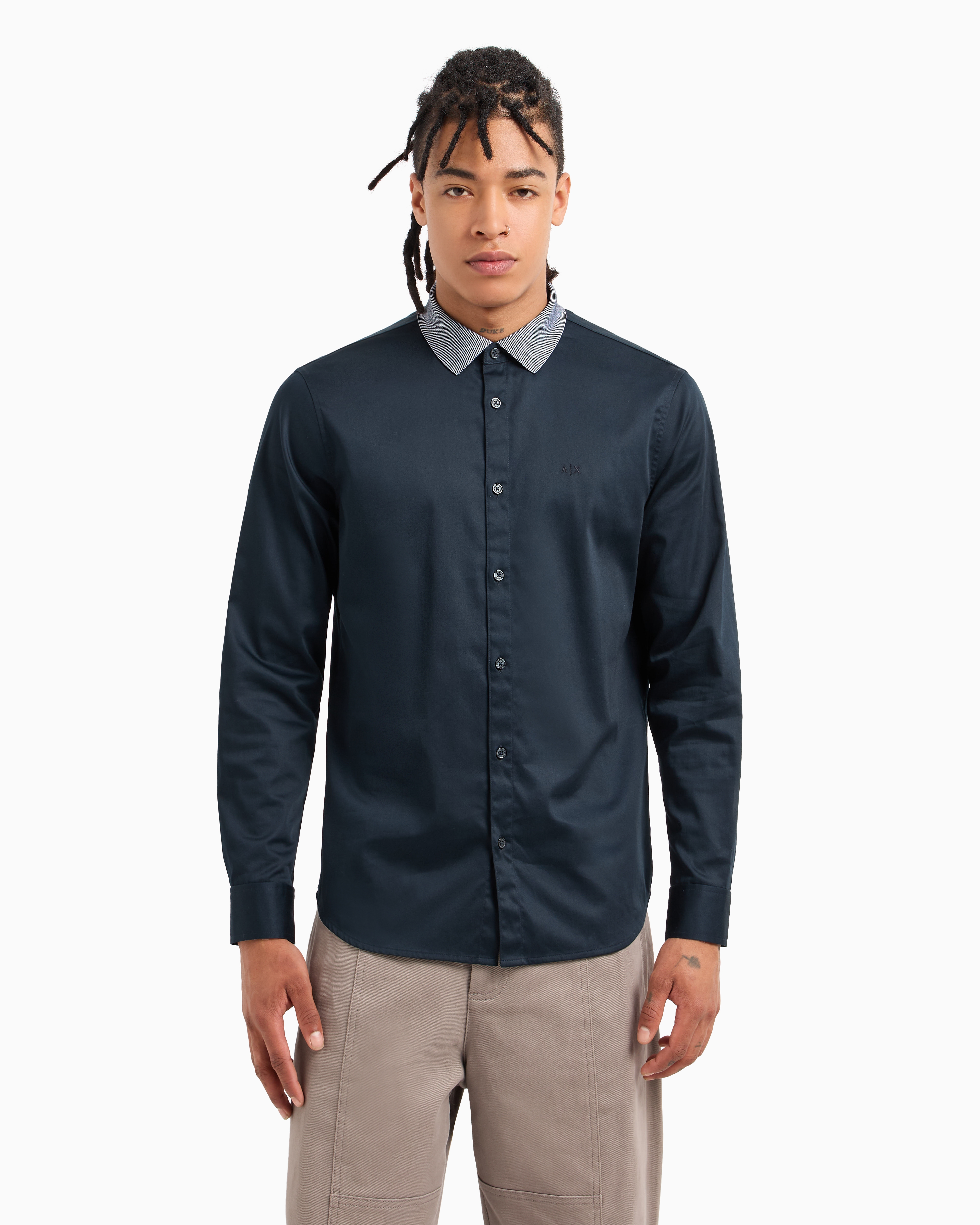 Shop Armani Exchange Slim Fit Shirt In Stretch Cotton Poplin In Navy Blue