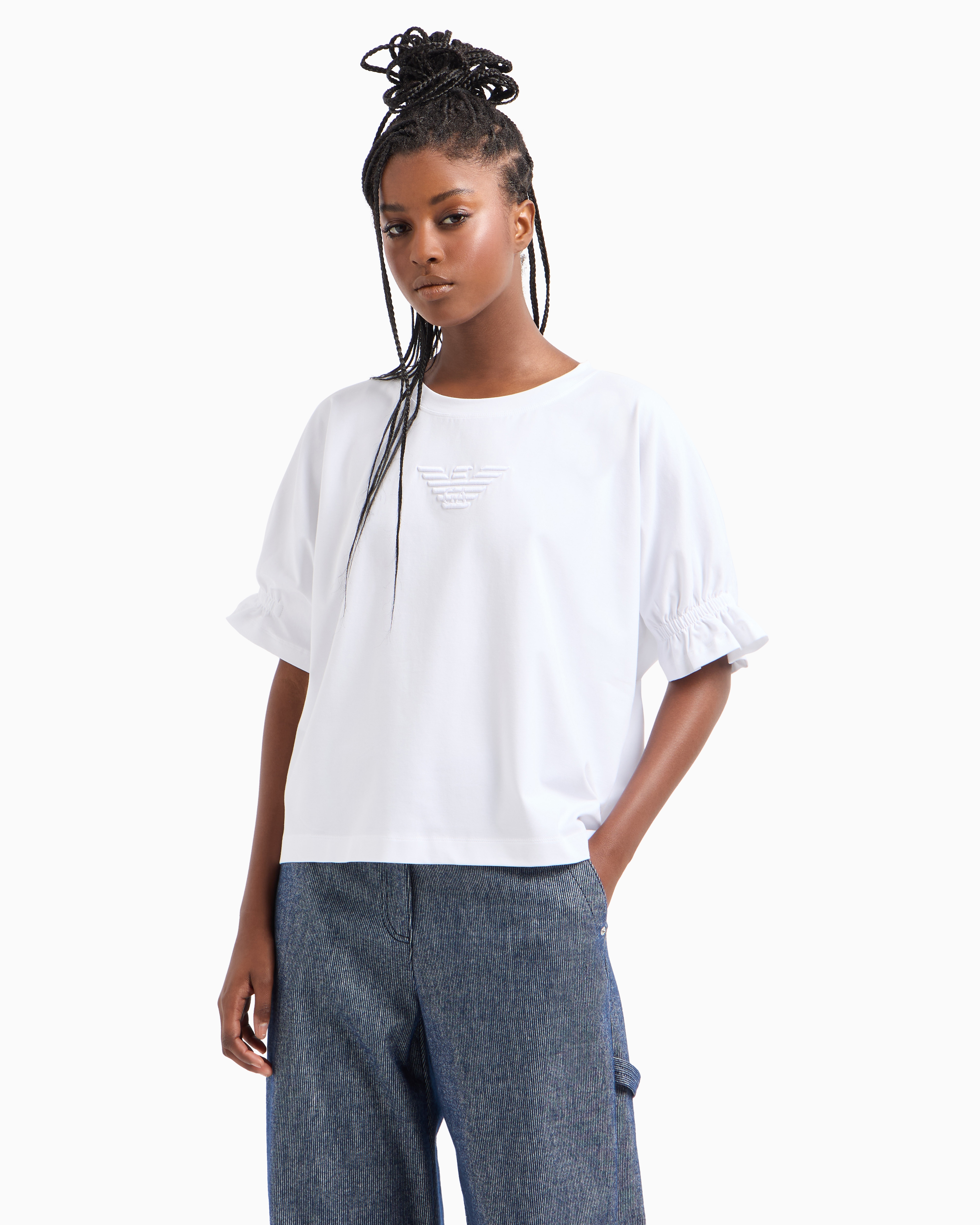 Emporio Armani Official Store Asv T-shirt Aus Bio-stretchjersey Mit Adler-stickerei In Weiss