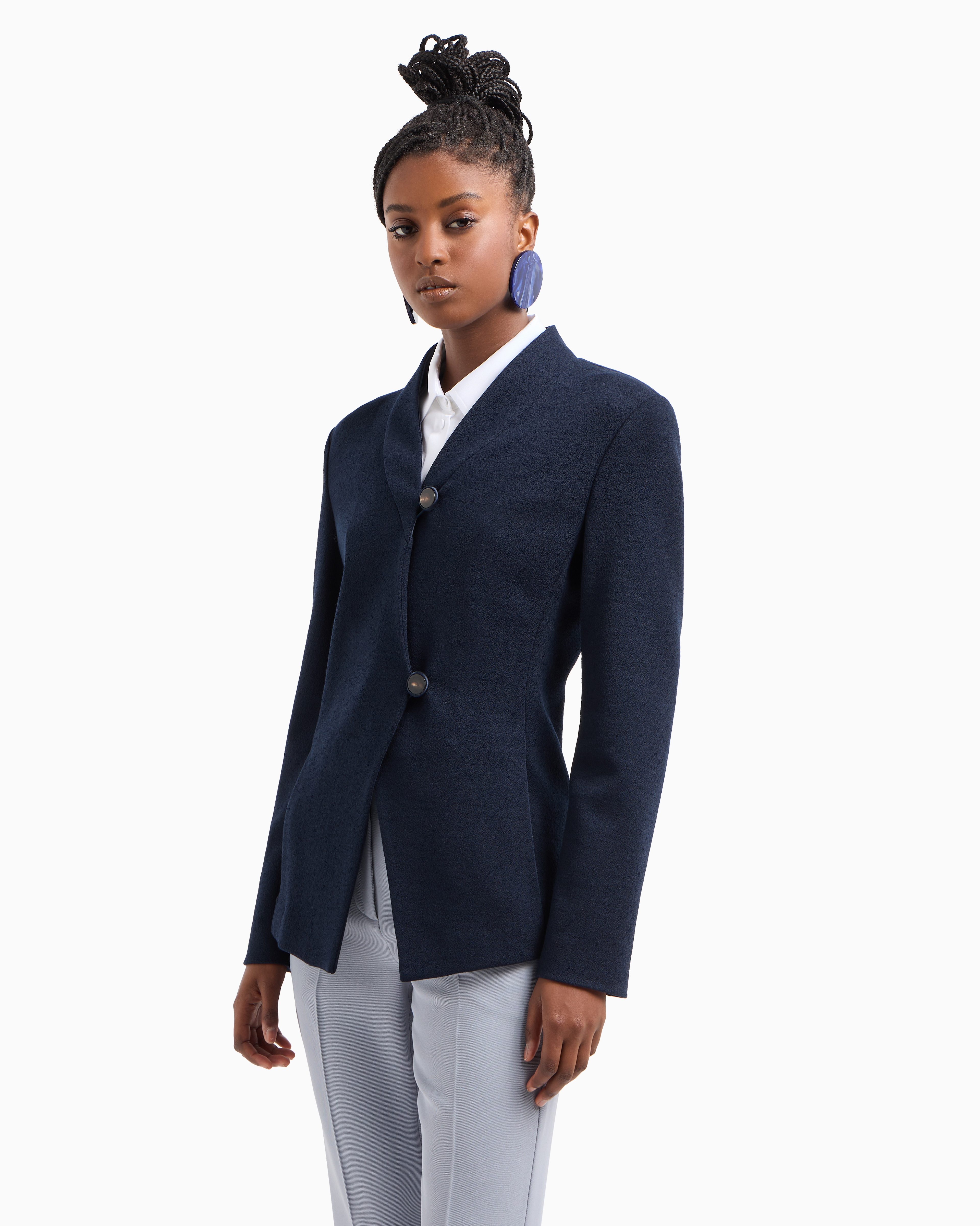 Emporio Armani Official Store Textured Jersey Jacket With Irregular Fastening In Bleu