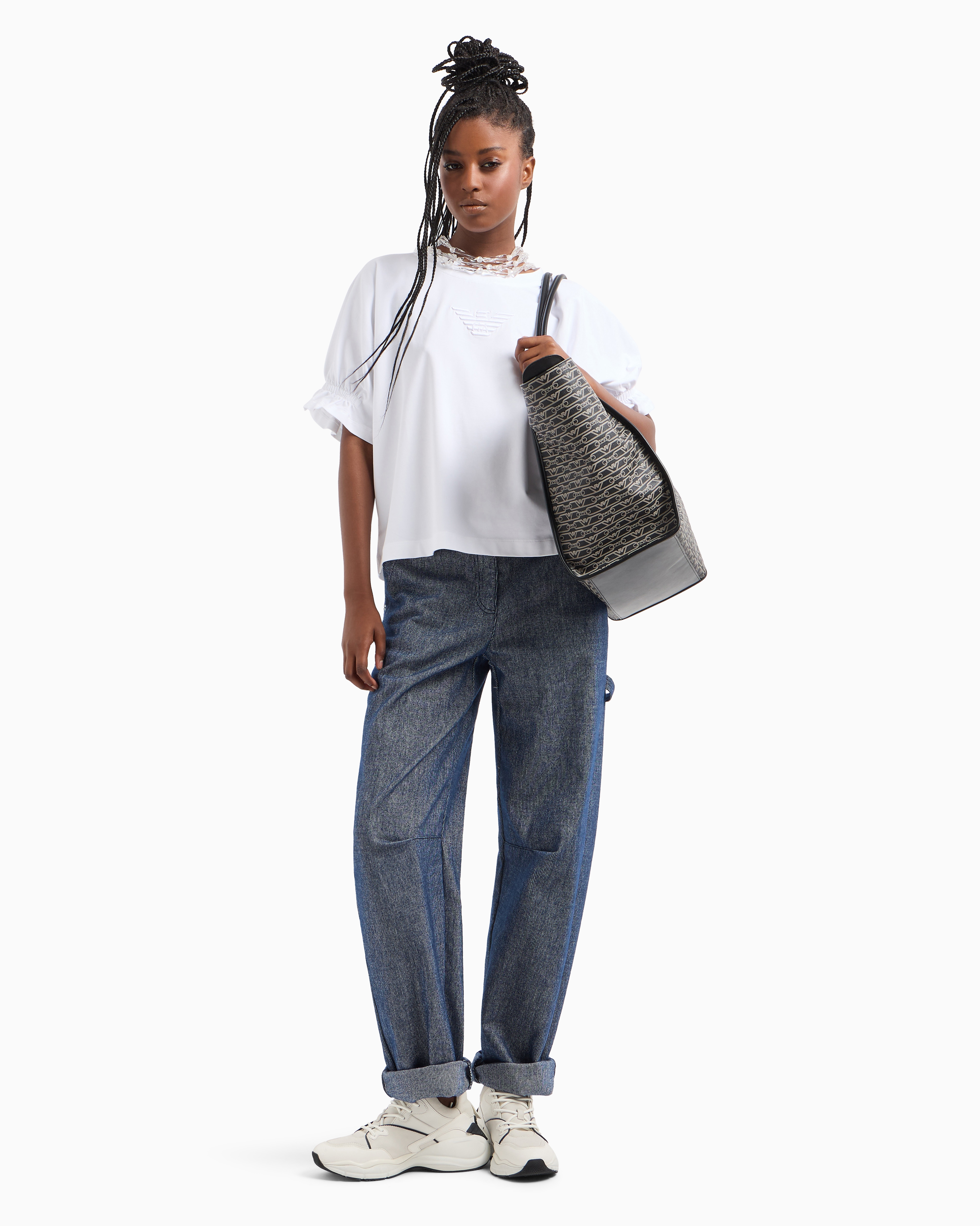 Emporio Armani Official Store Asv T-shirt Aus Bio-stretchjersey Mit Adler-stickerei In Weiss