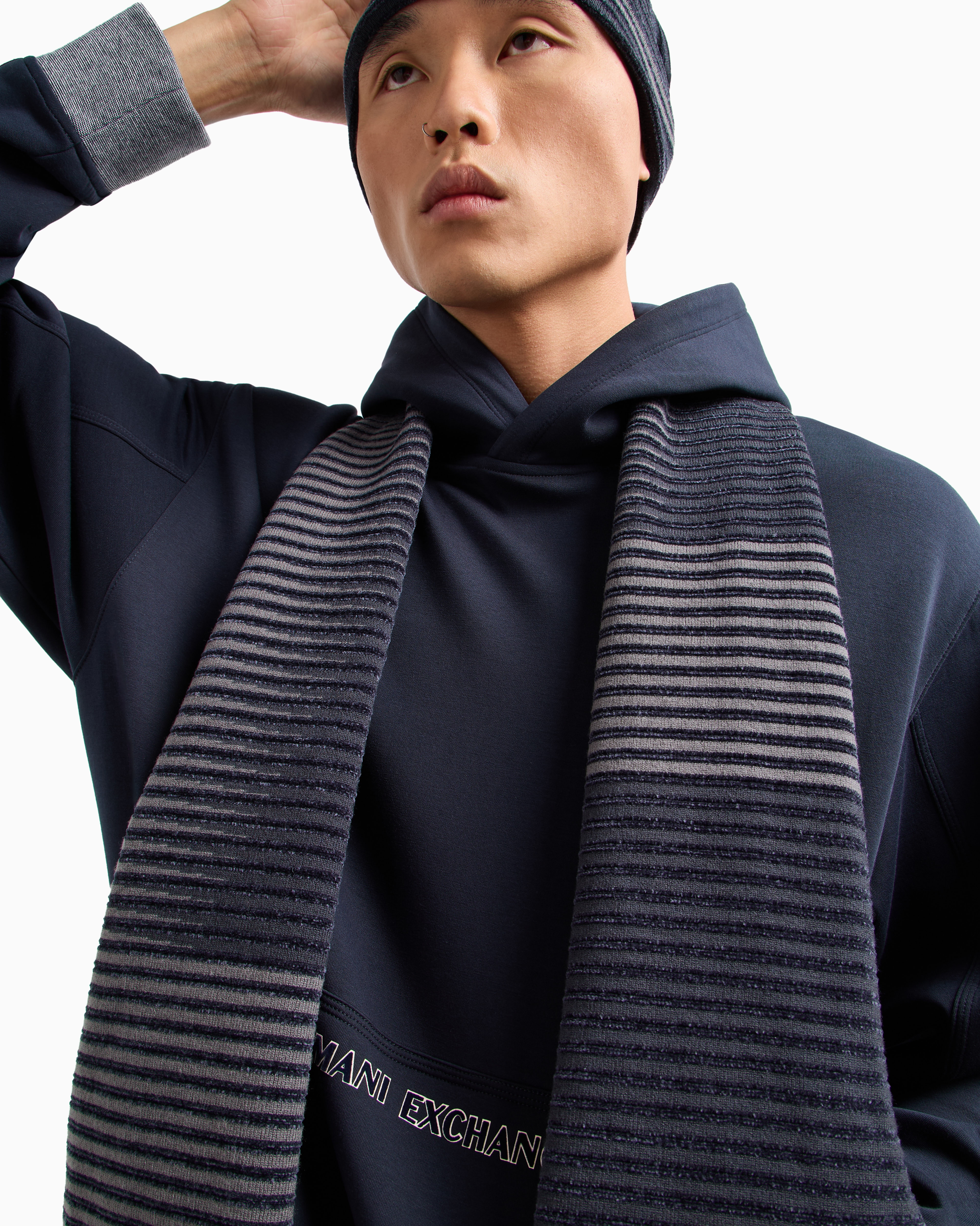 Shop Armani Exchange A Line Striped Scarf In Navy Blue