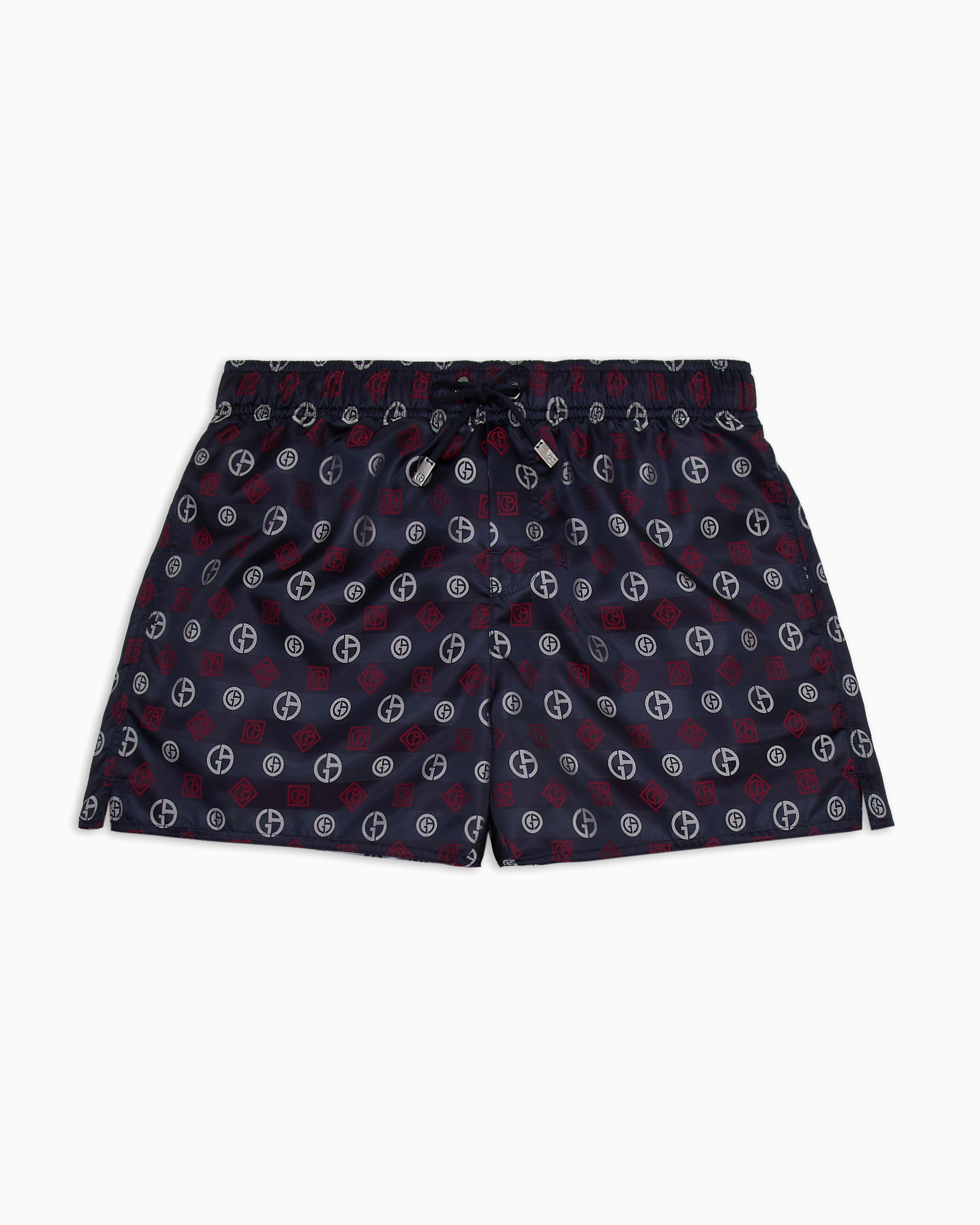 Giorgio Armani Official Store Swim Trunks With An All-over Logo Jacquard In Blue Logo