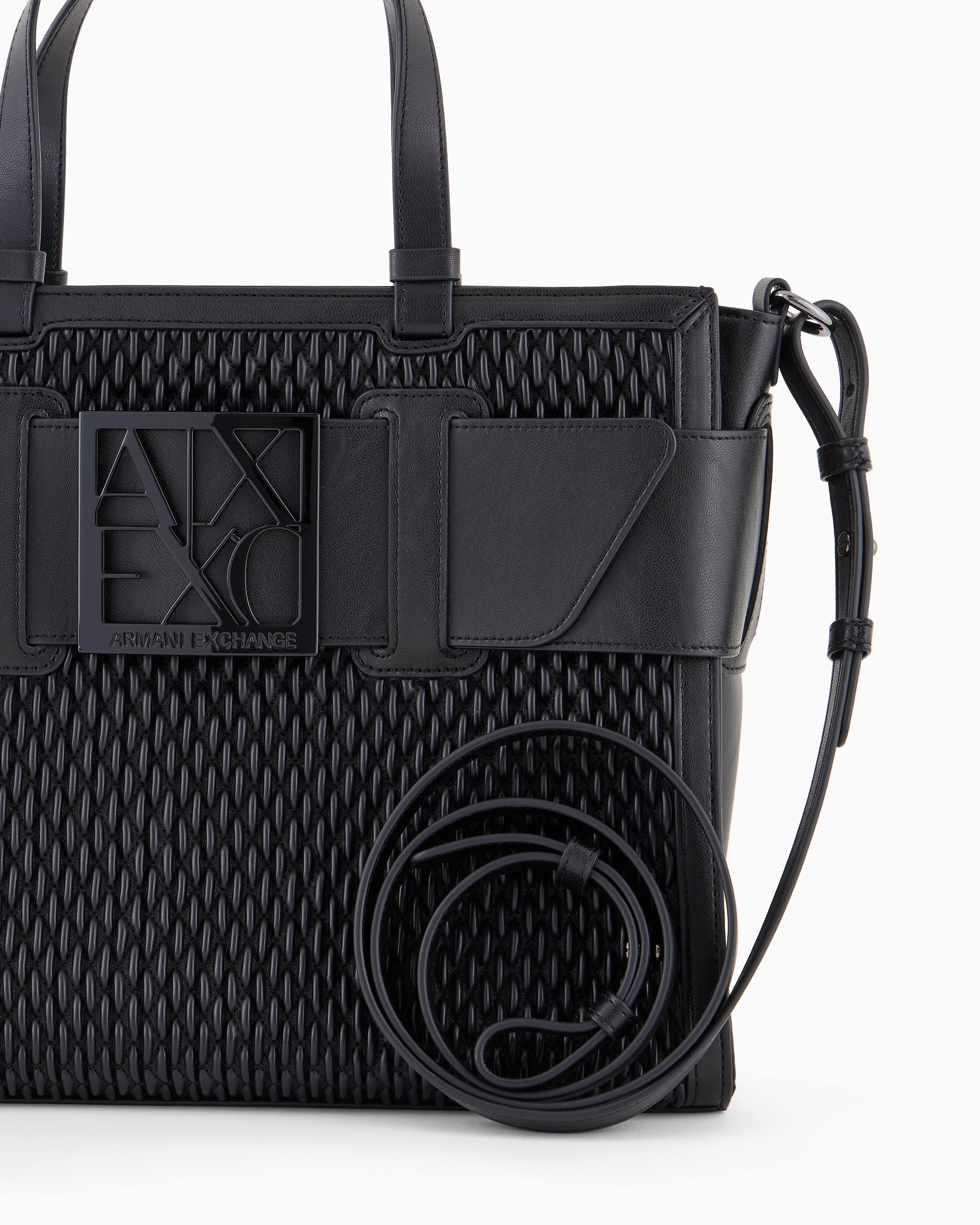 Shop Armani Exchange Medium Tote Bag In Perforated Material In Black