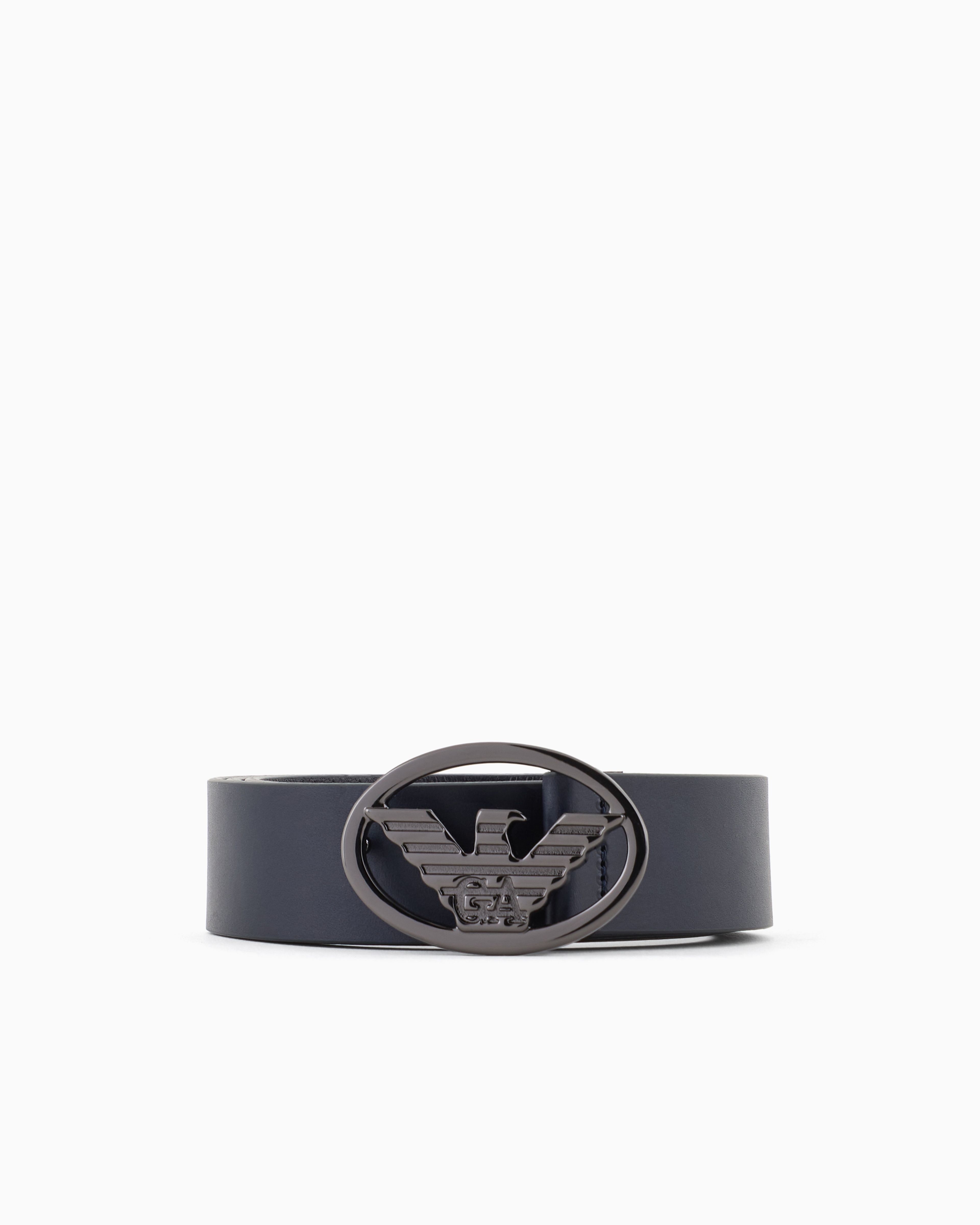 Emporio Armani Official Store Smooth Leather Belt With Eagle Plate In Navy Blue