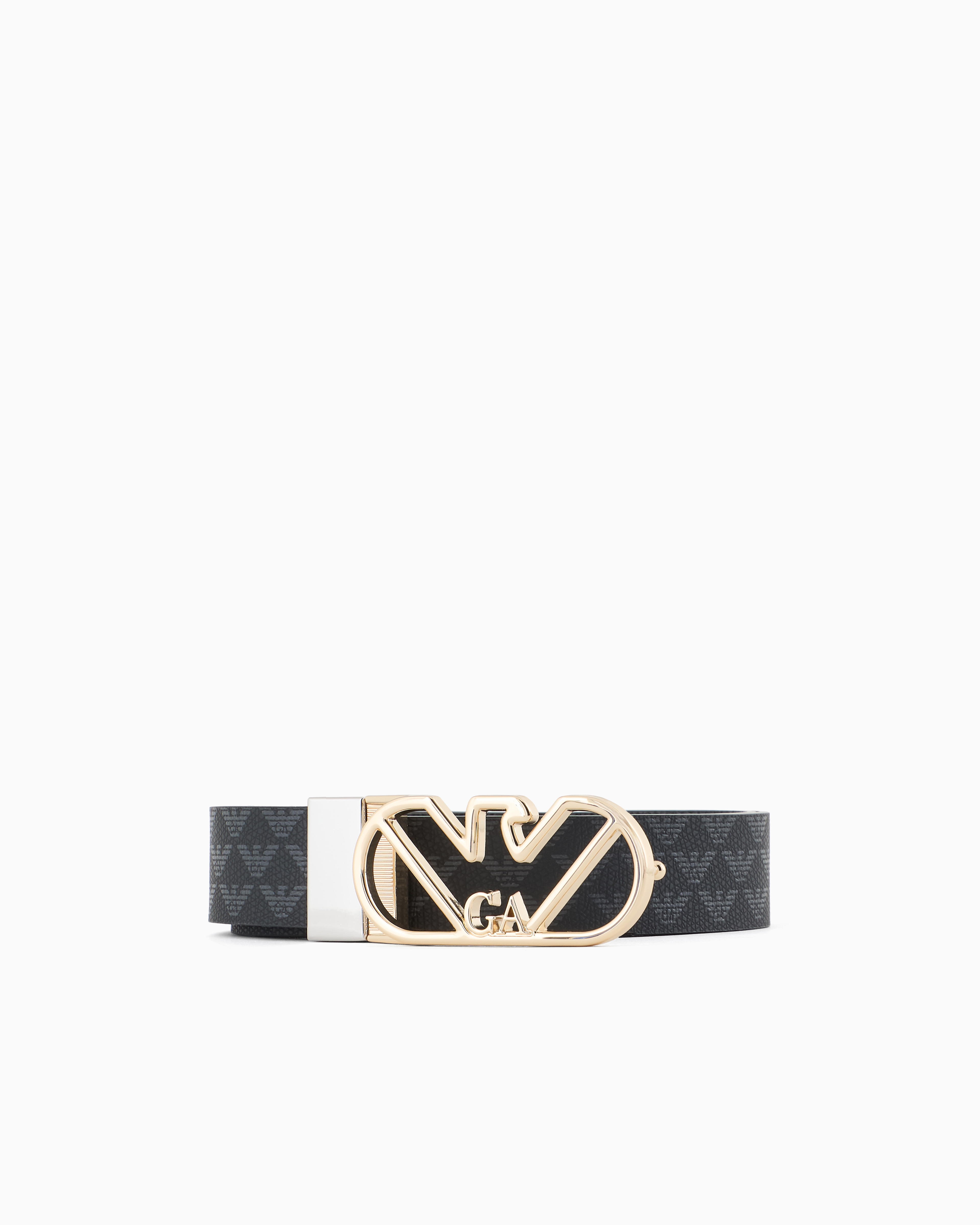 Emporio Armani Official Store All-over Eagle Two-toned Reversible Belt With Eagle Buckle In Black