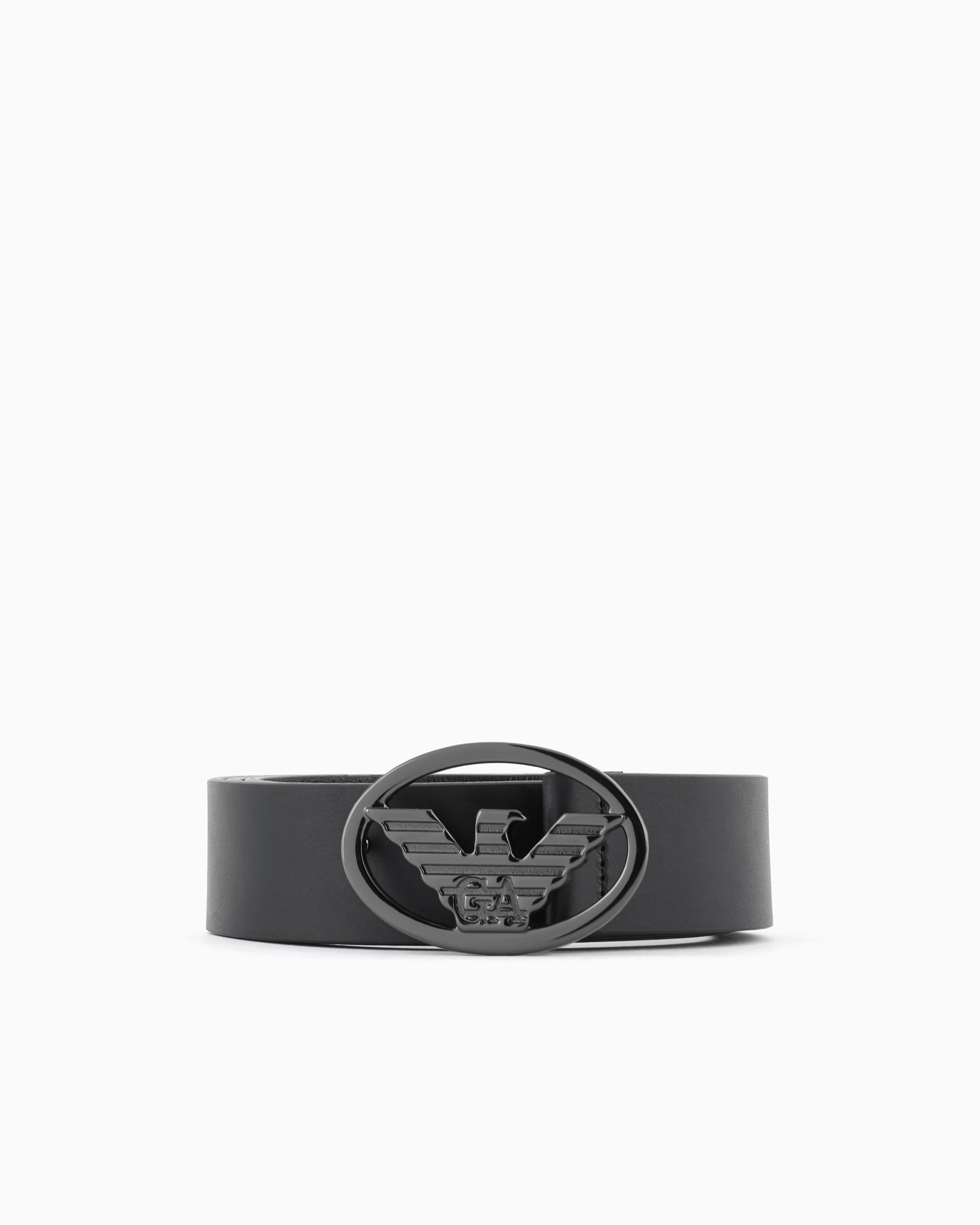 Emporio Armani Official Store Smooth Leather Belt With Eagle Plate In Black