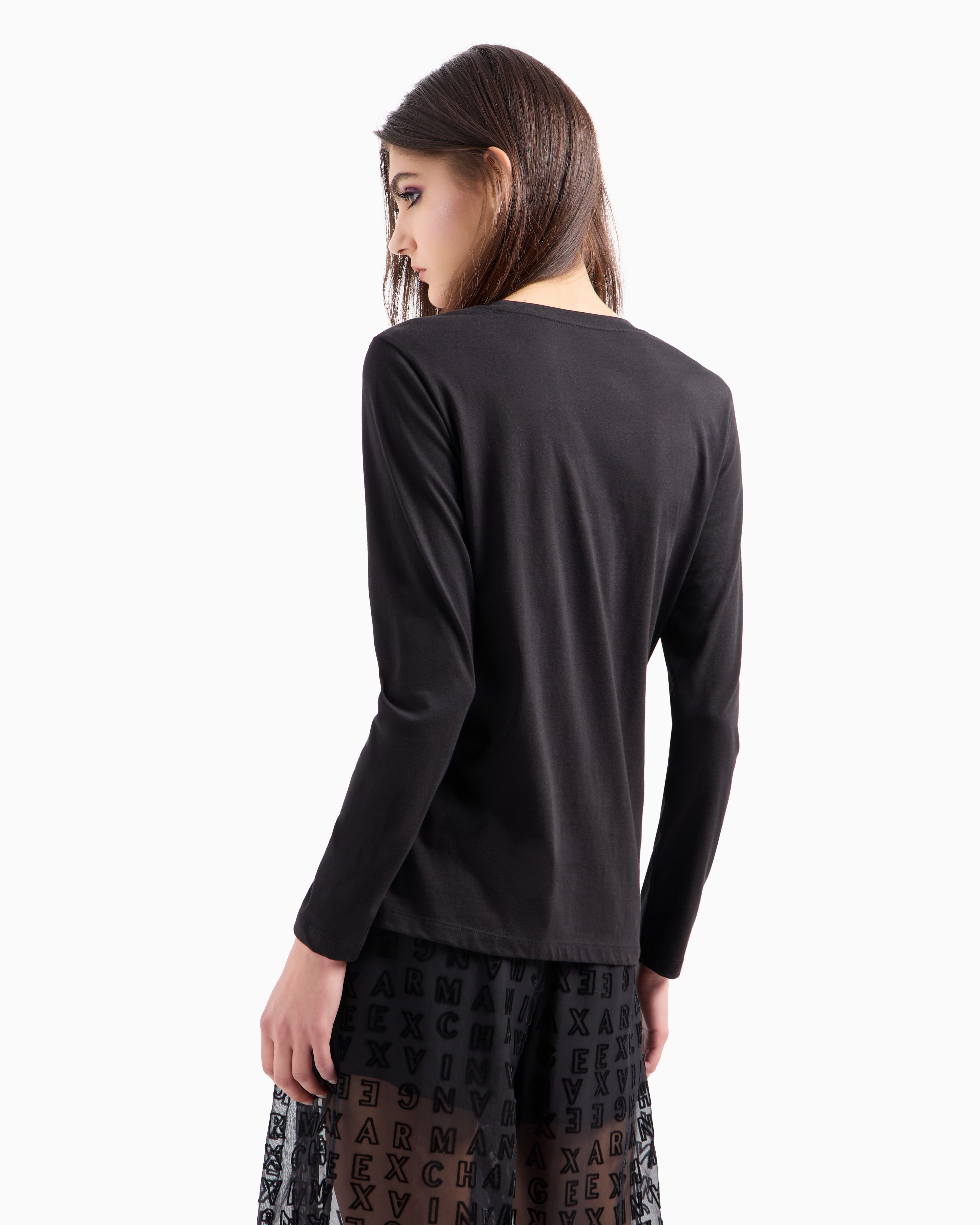 新品 AM1366 Lindsay logo tops black Crop top with long sleeve | GATE