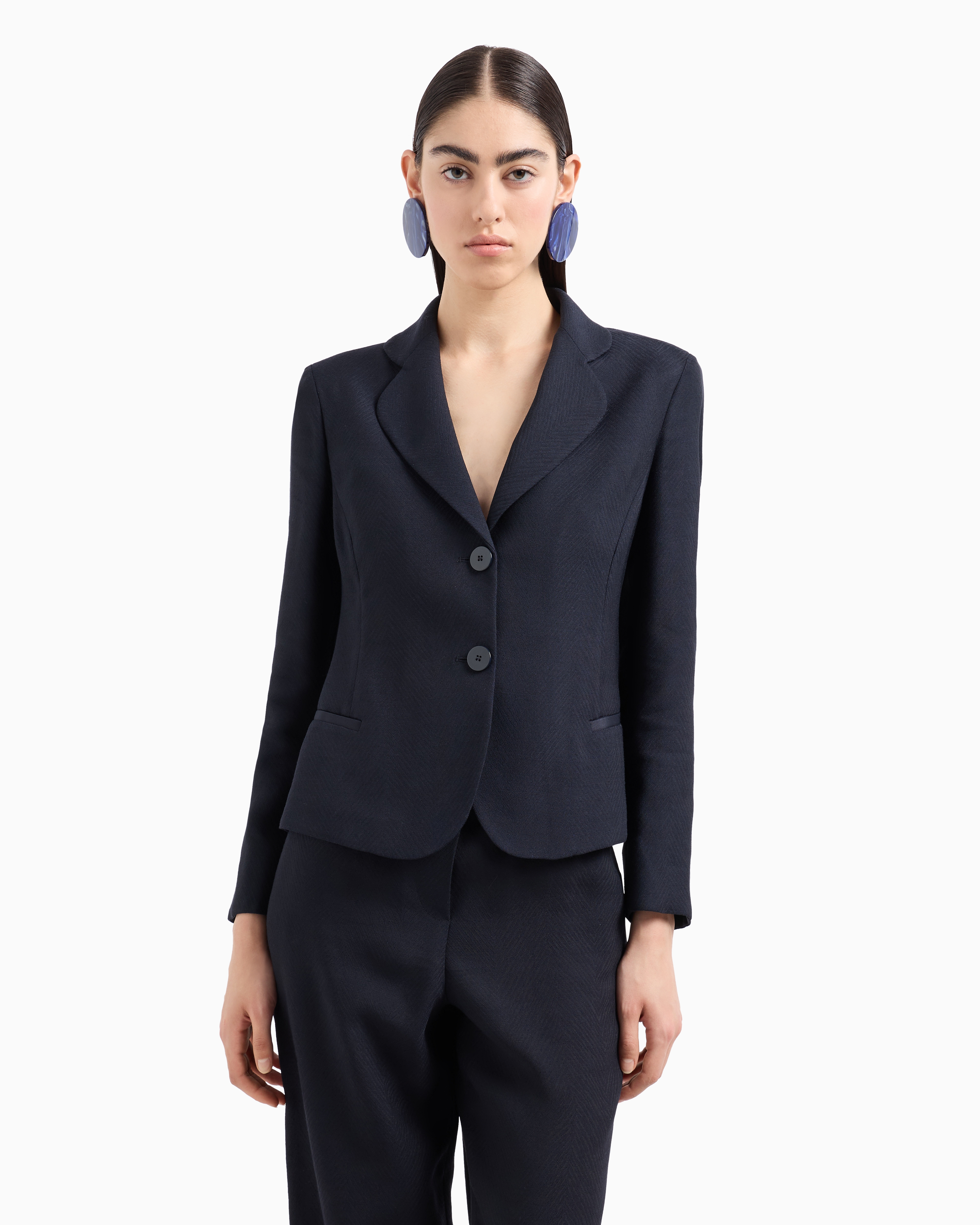 Emporio Armani Official Store Icon Single-breasted Jacket In A Chevron Virgin-wool Blend In Blue