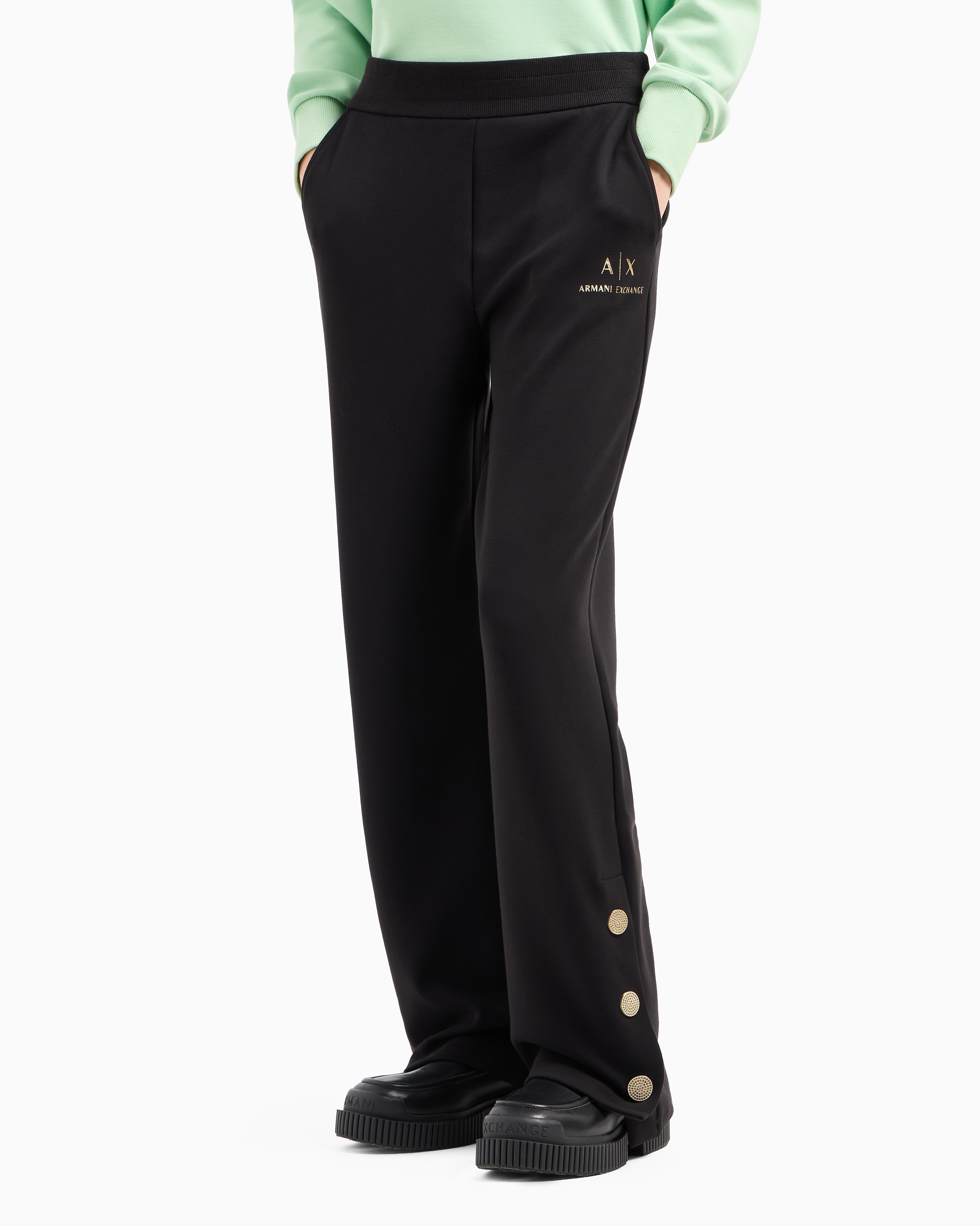 Shop Armani Exchange Wide Trousers With Gold Details In Black