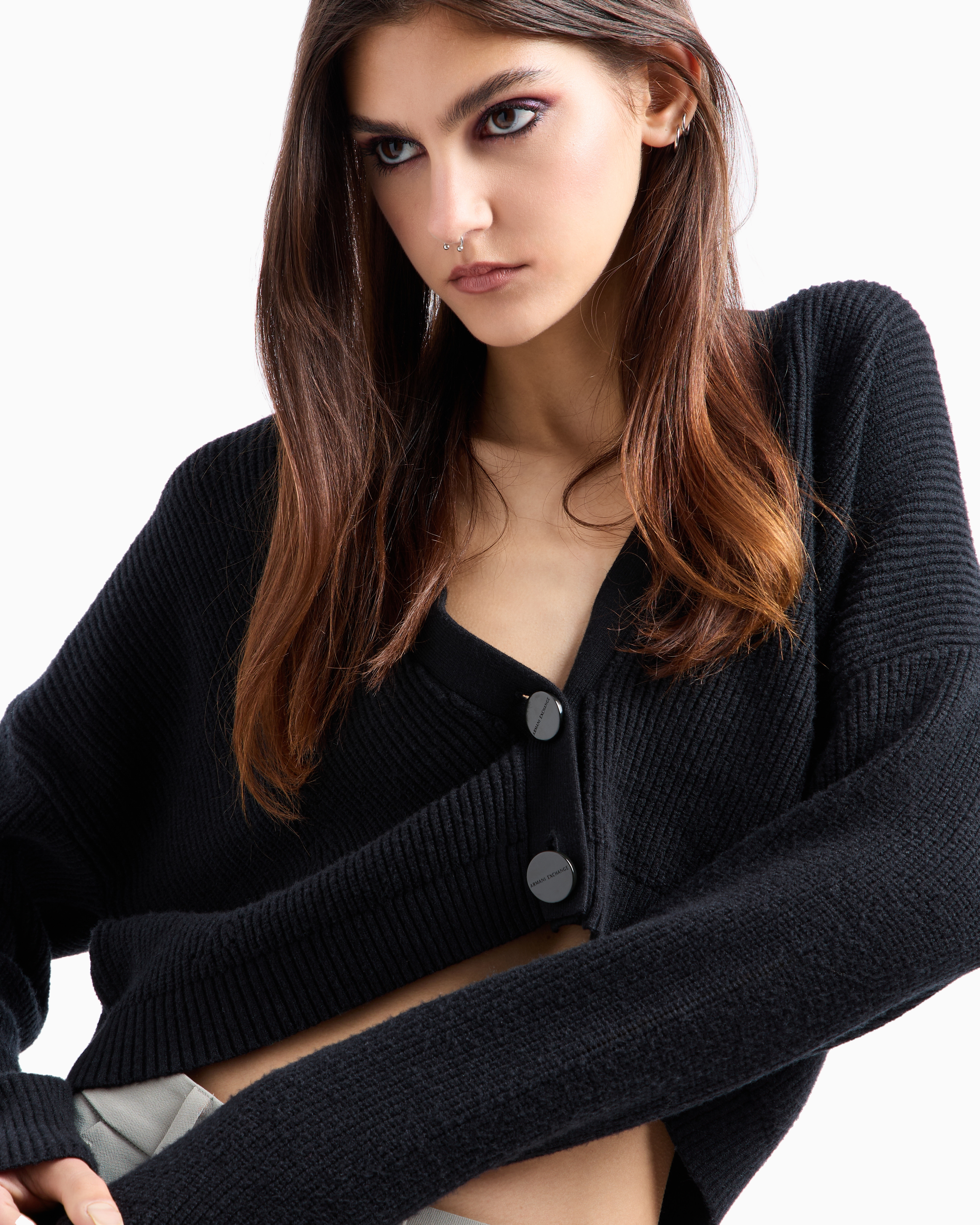 Shop Armani Exchange Ribbed V-neck Cardigan In Black