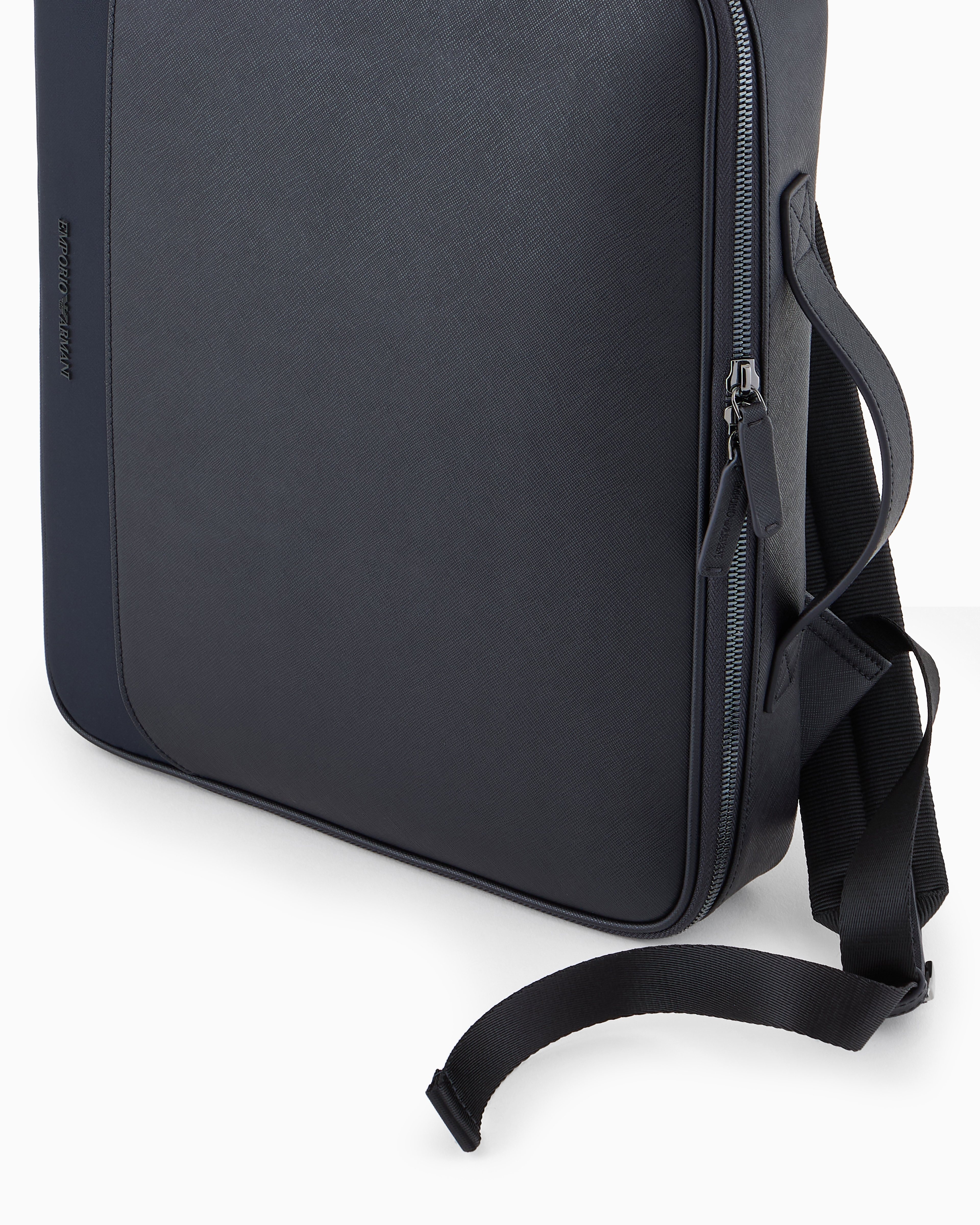 Emporio Armani Official Store Asv Regenerated Saffiano And Recycled Nylon Business Bag With Shoulder Straps In Navy Blue