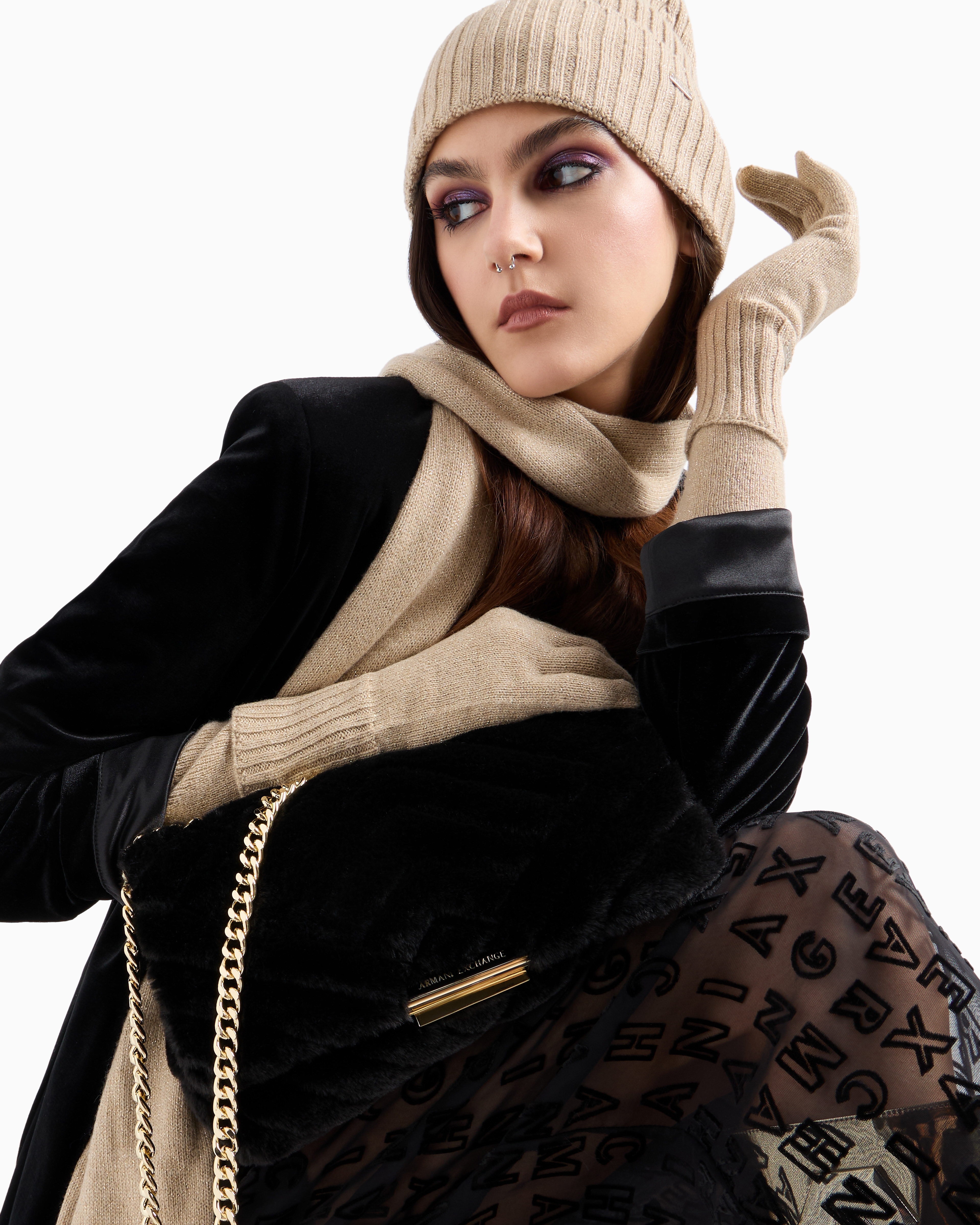 Shop Armani Exchange Lurex Yarn Gloves In Gold