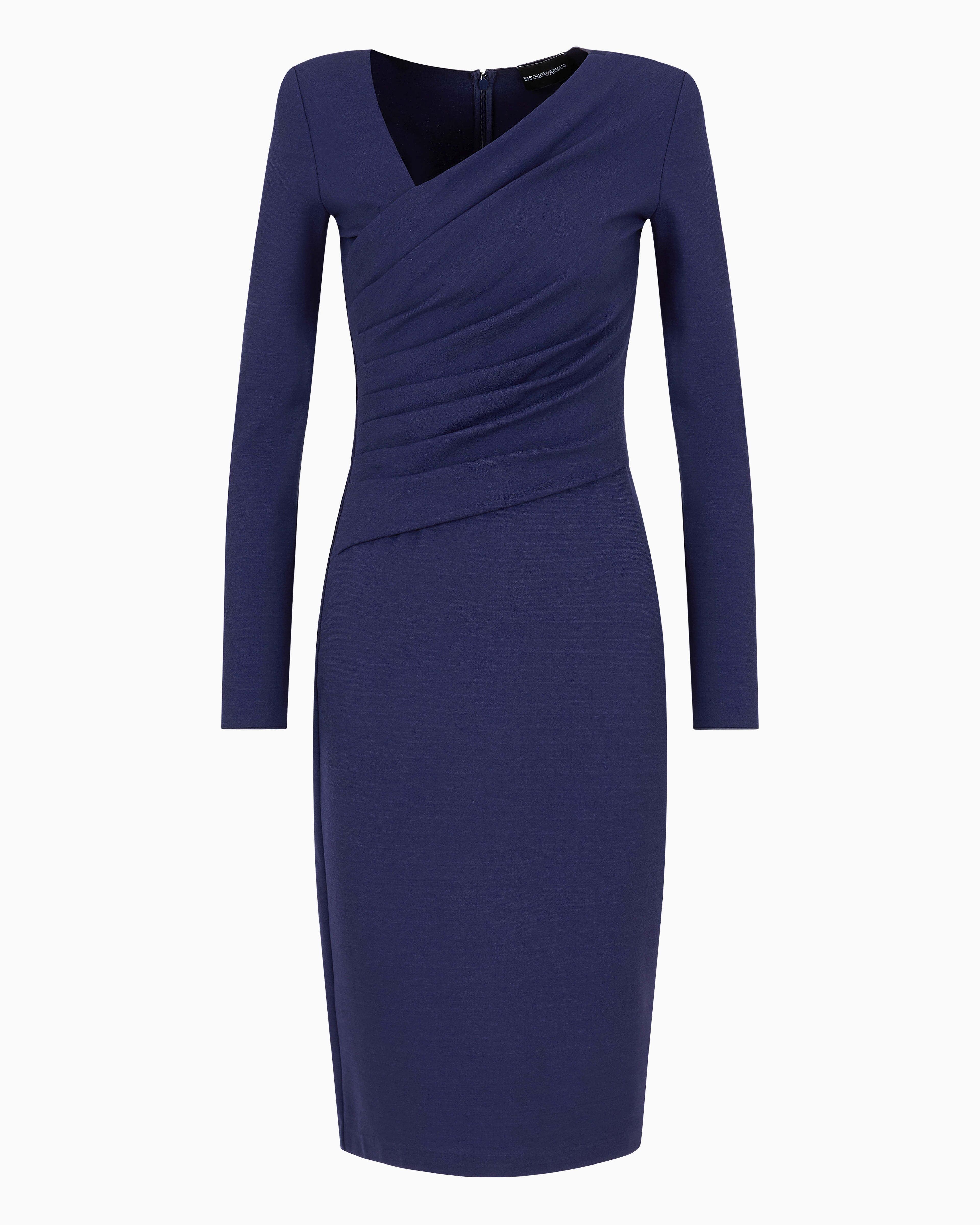 Emporio Armani Official Store Stretch Milano Stitch Fabric Dress With Asymmetric Cross-over And Draping In Blue