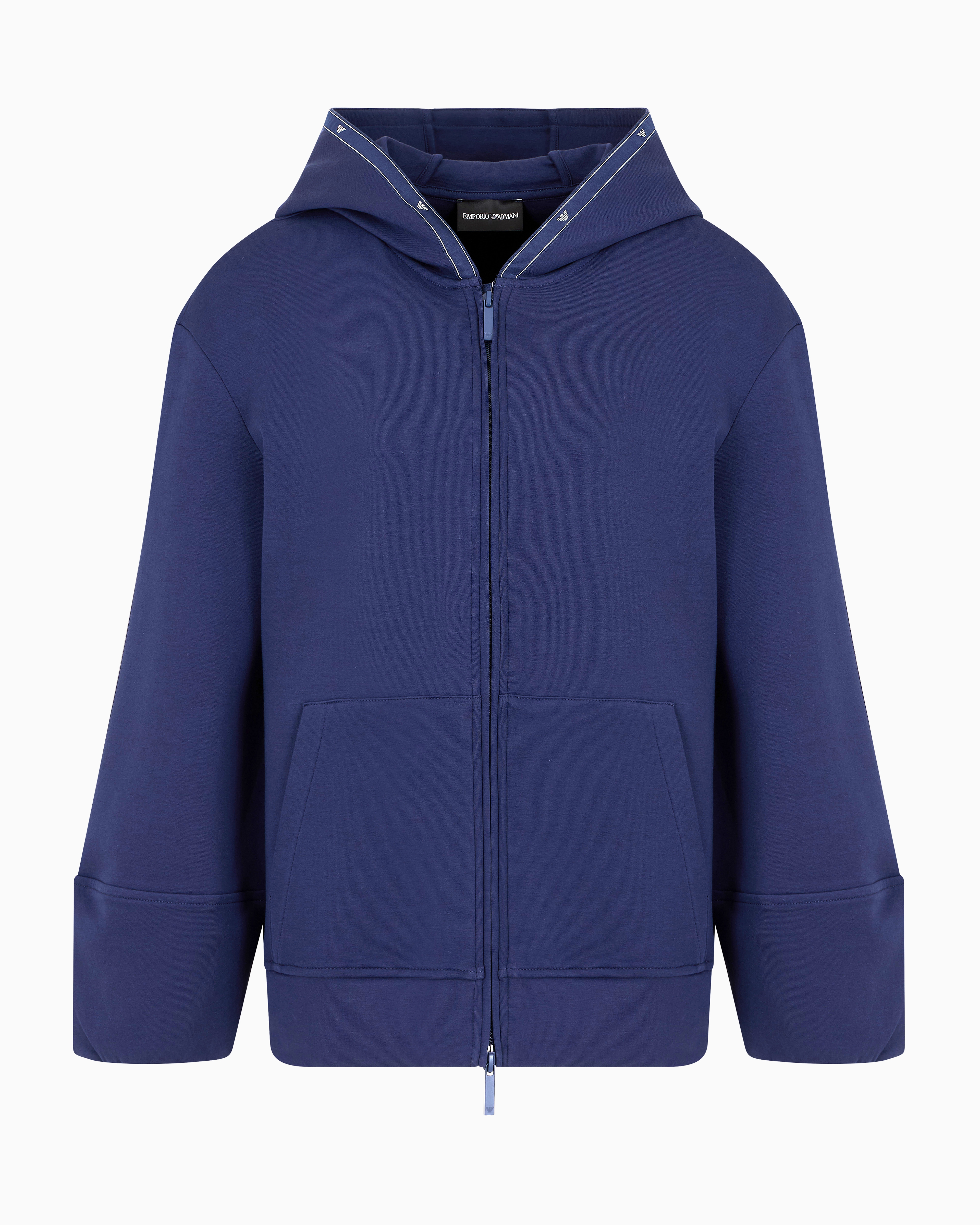 Shop Emporio Armani Double-jersey Hooded Sweatshirt With Zip And Eagle Logo Tape In Blue