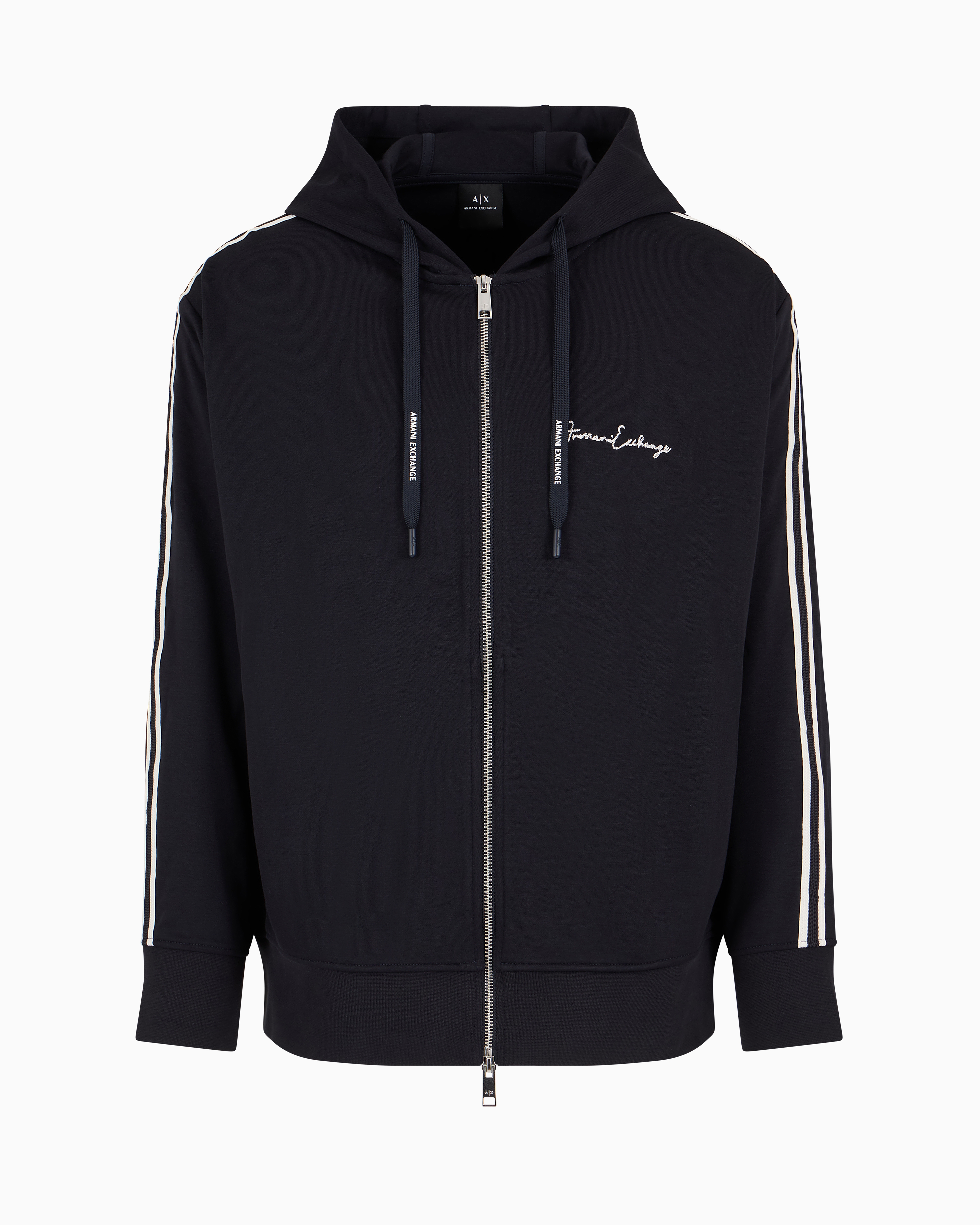 Armani Exchange Full Zip Sweatshirt In Bonded Cotton With Bands On The Sleeves In Blue