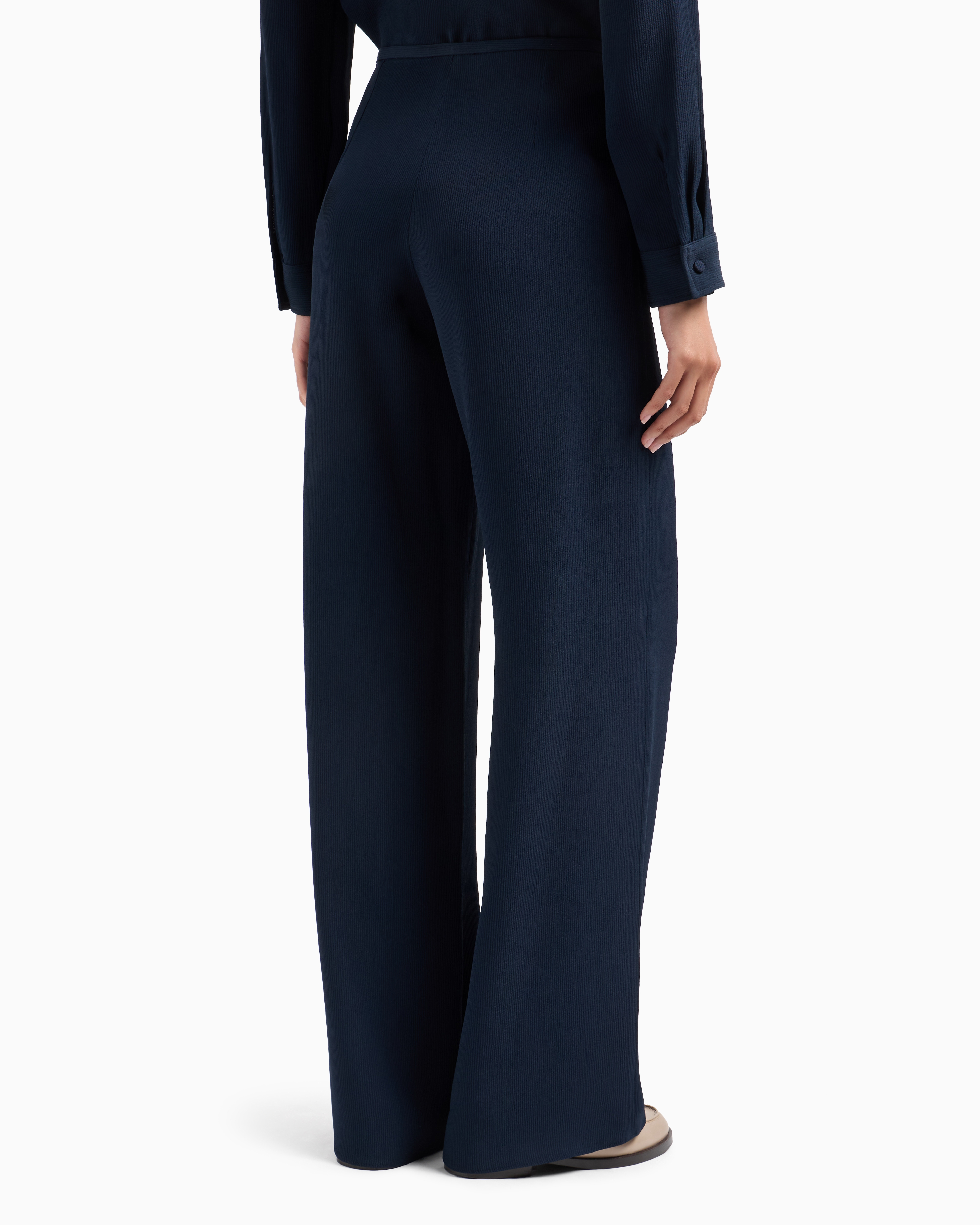 Shop Emporio Armani Icon Canneté Cady Palazzo Trousers With Small Pocket In Navy Blue