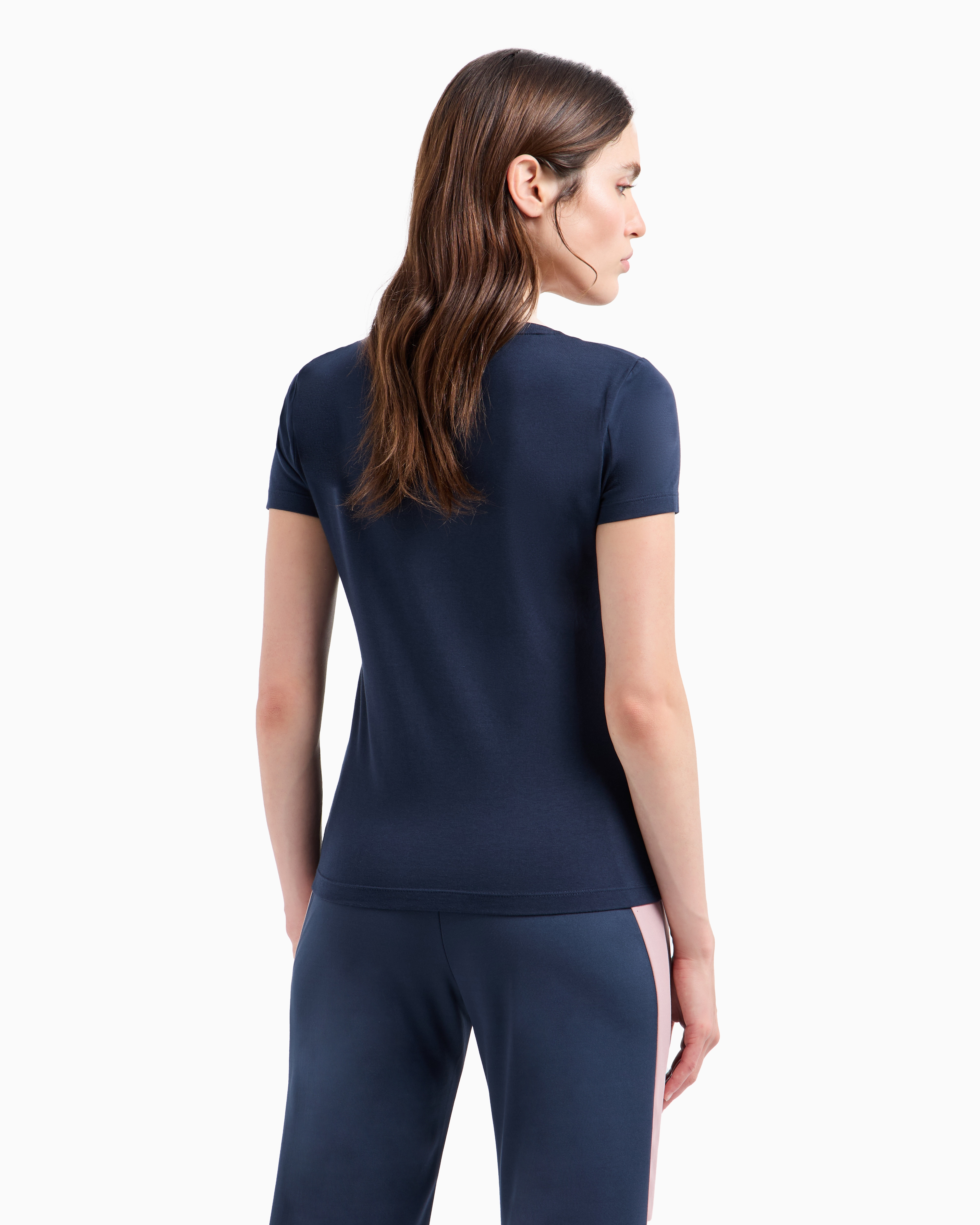 Shop Ea7 Core Lady Stretch-cotton Short-sleeved T-shirt In Navy Blue