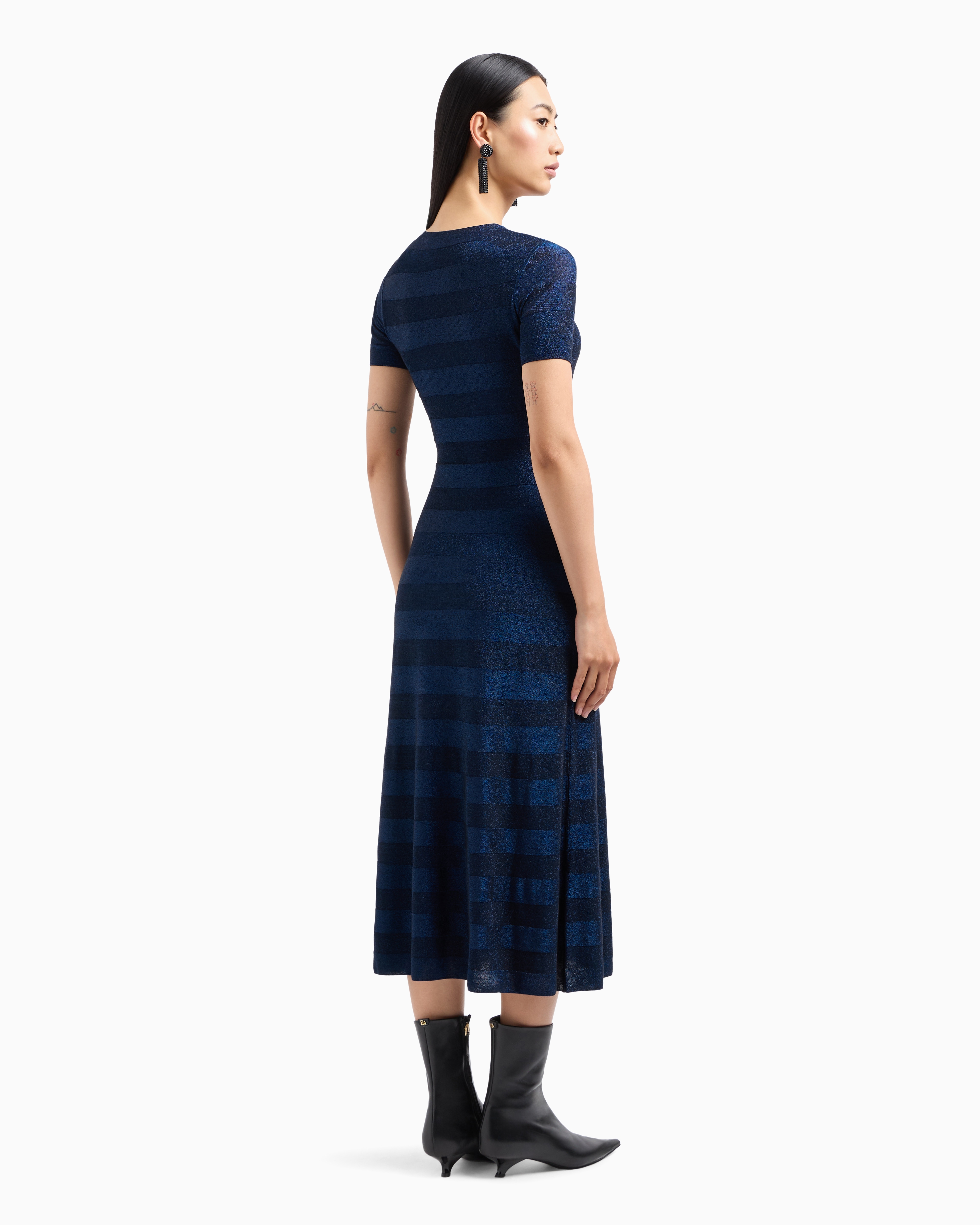 Emporio Armani Official Store Seamless Long Dress In A Viscose Knit Striped-effect Knit And Purl Construction In Blue