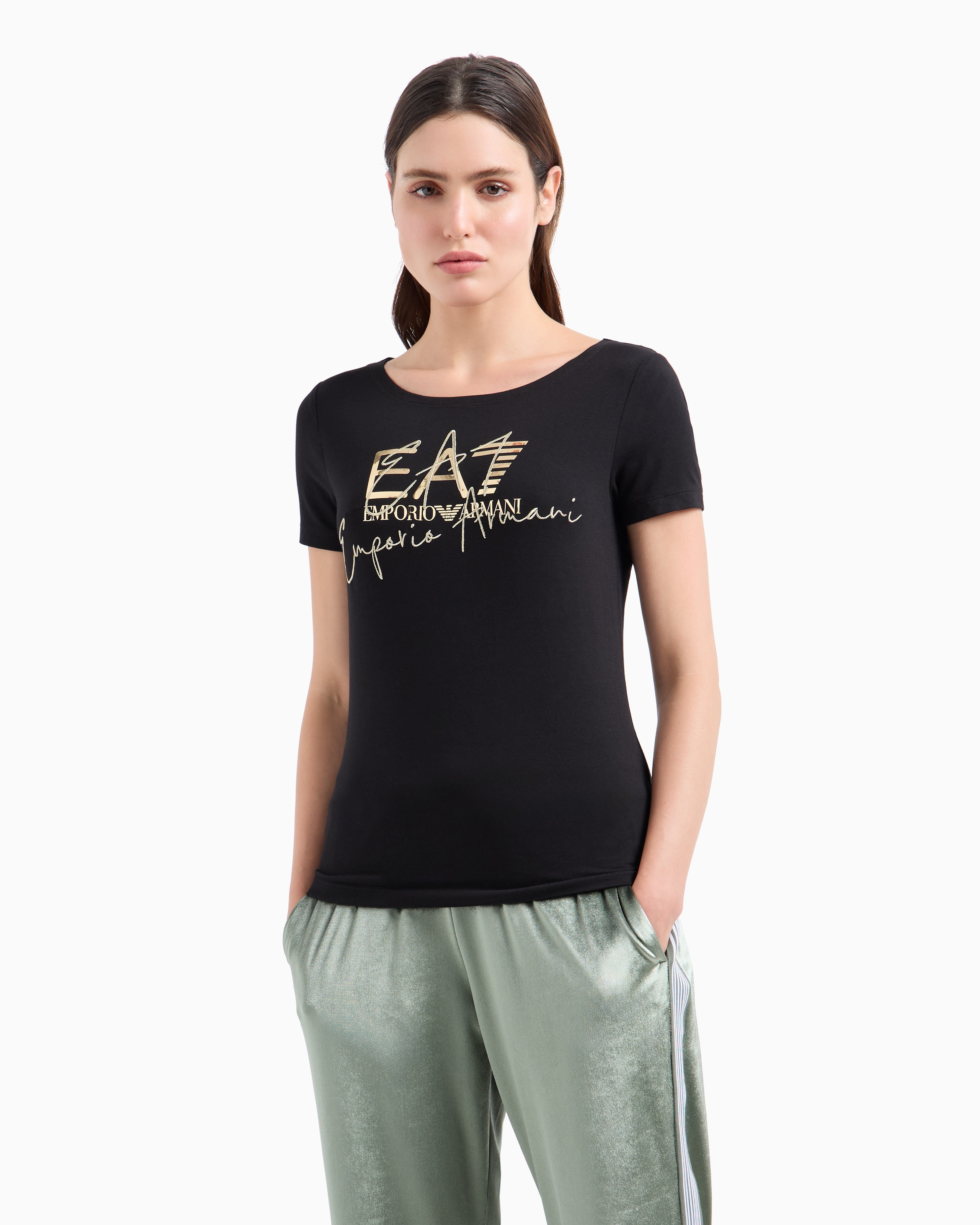 Shop Ea7 Logo Series Stretch-cotton Crew-neck T-shirt In Black