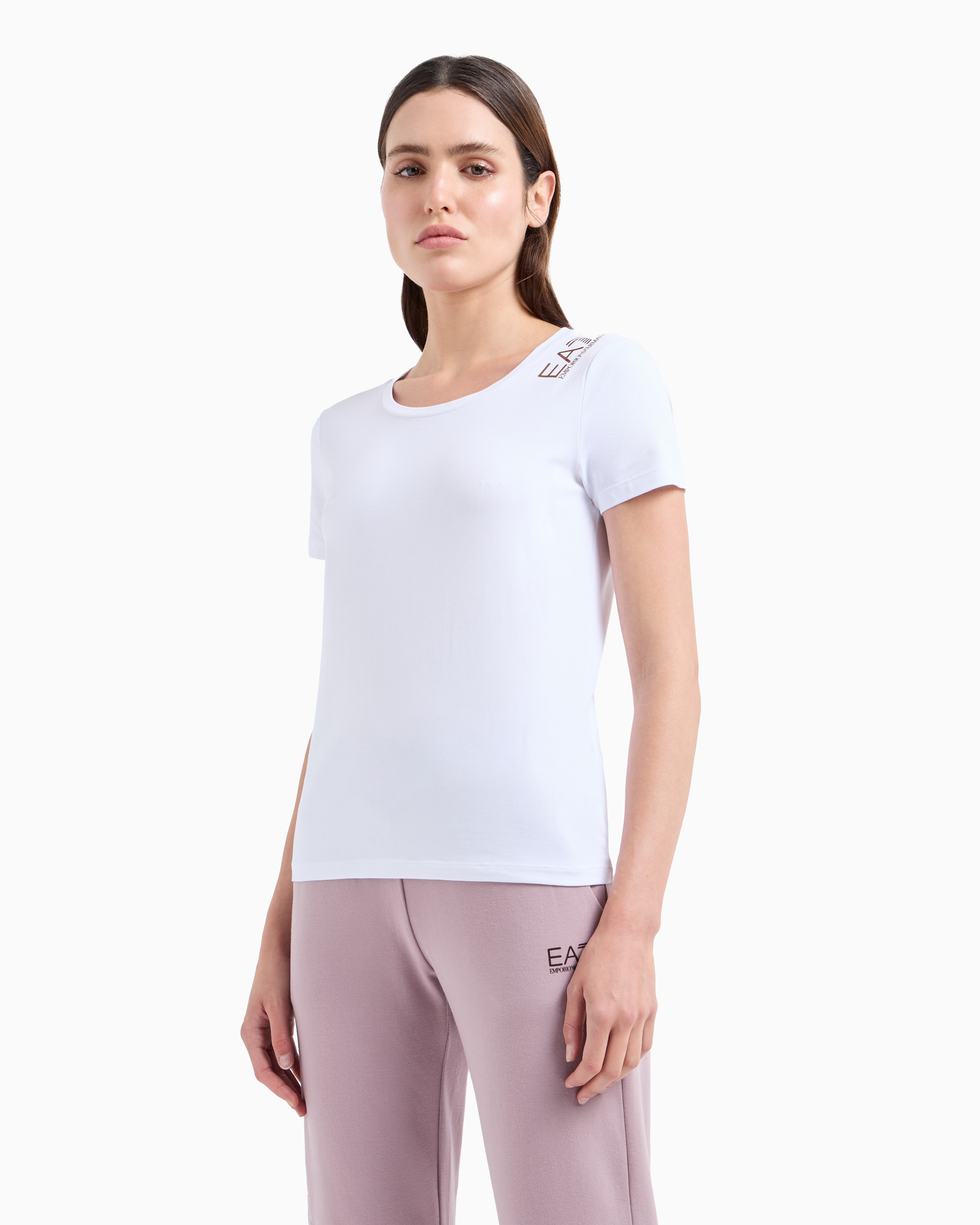 Shop Ea7 Core Lady Stretch-cotton Short-sleeved T-shirt In White 1