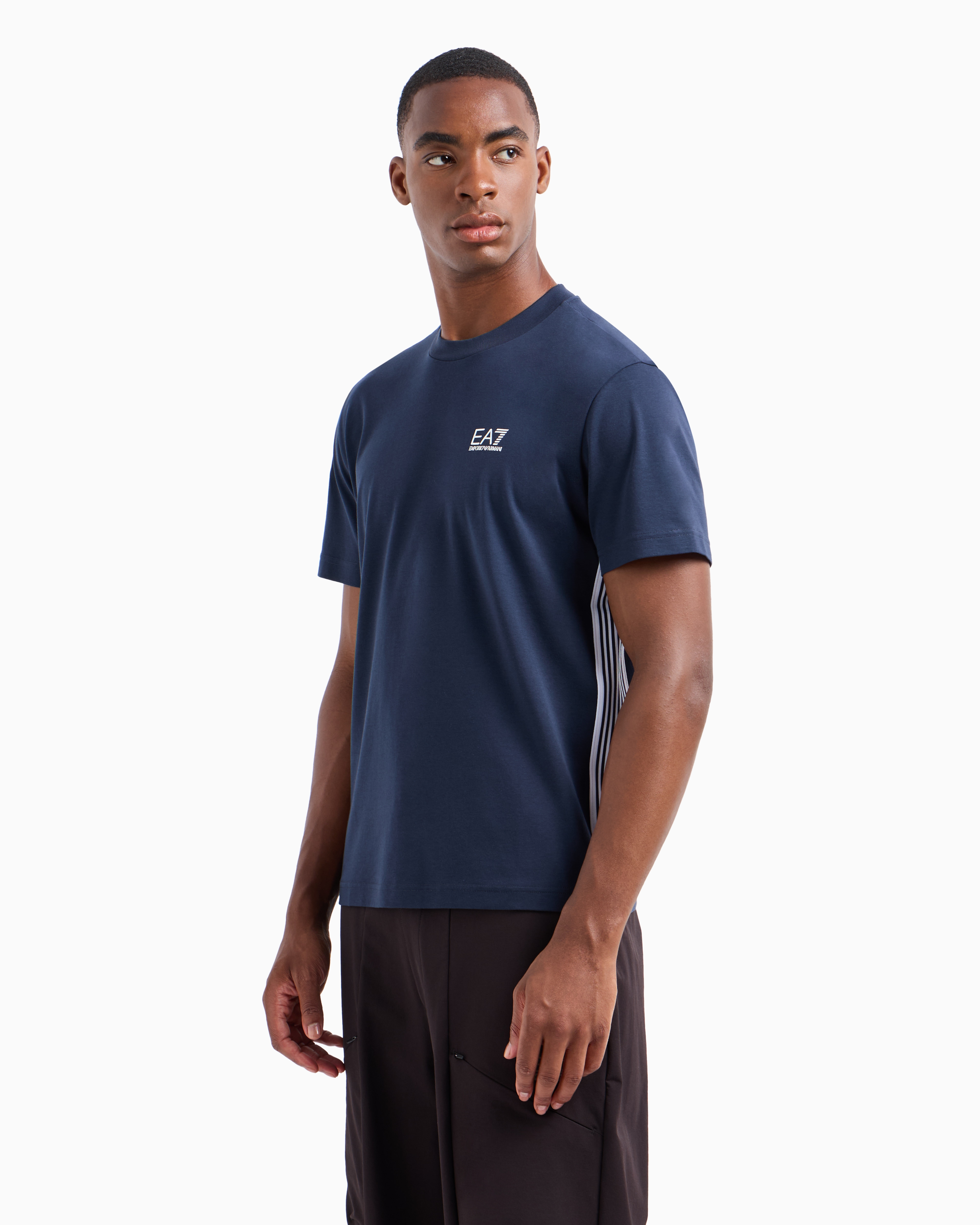 Shop Ea7 7 Lines Cotton Crew-neck T-shirt In Navy Blue