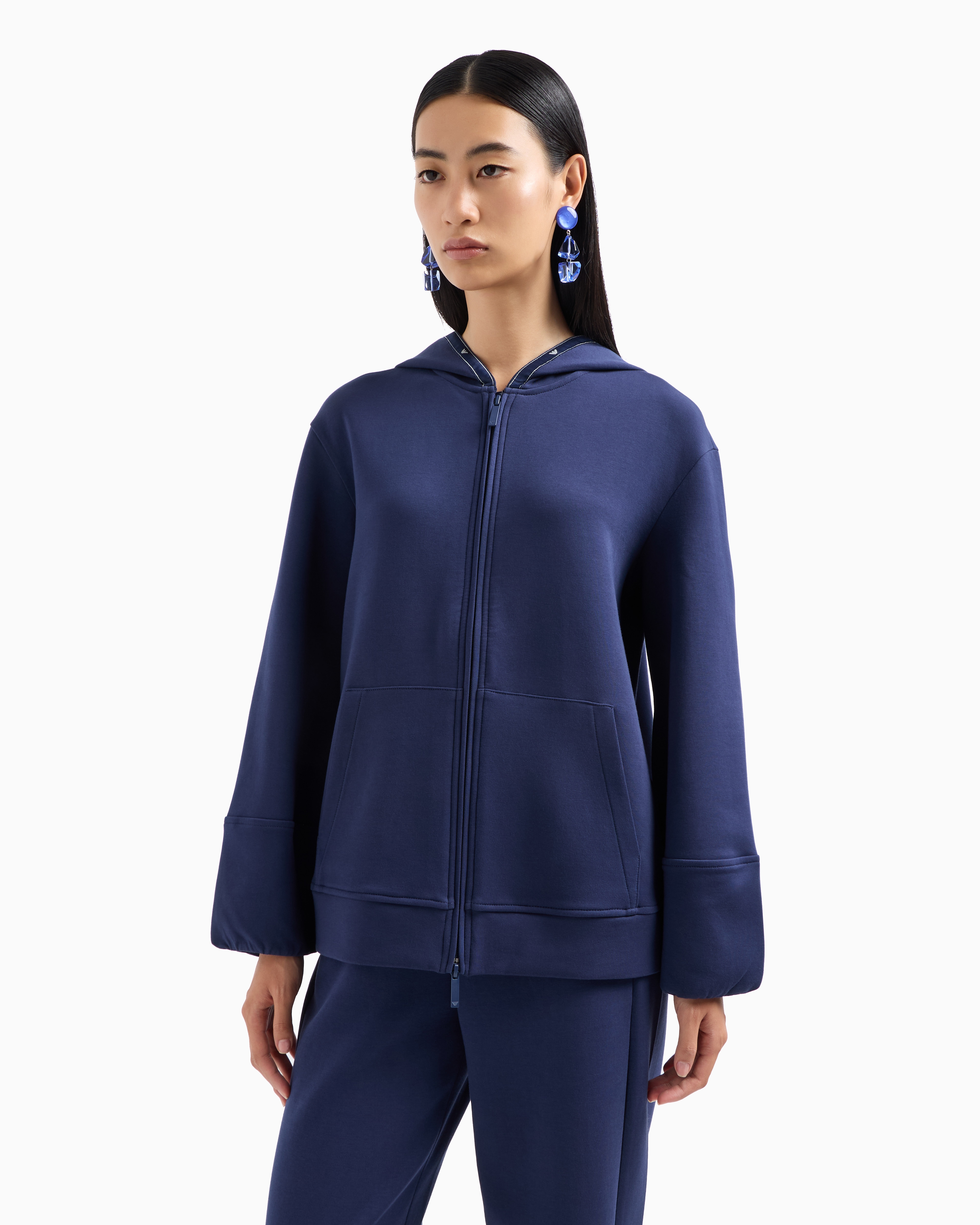 Shop Emporio Armani Double-jersey Hooded Sweatshirt With Zip And Eagle Logo Tape In Blue