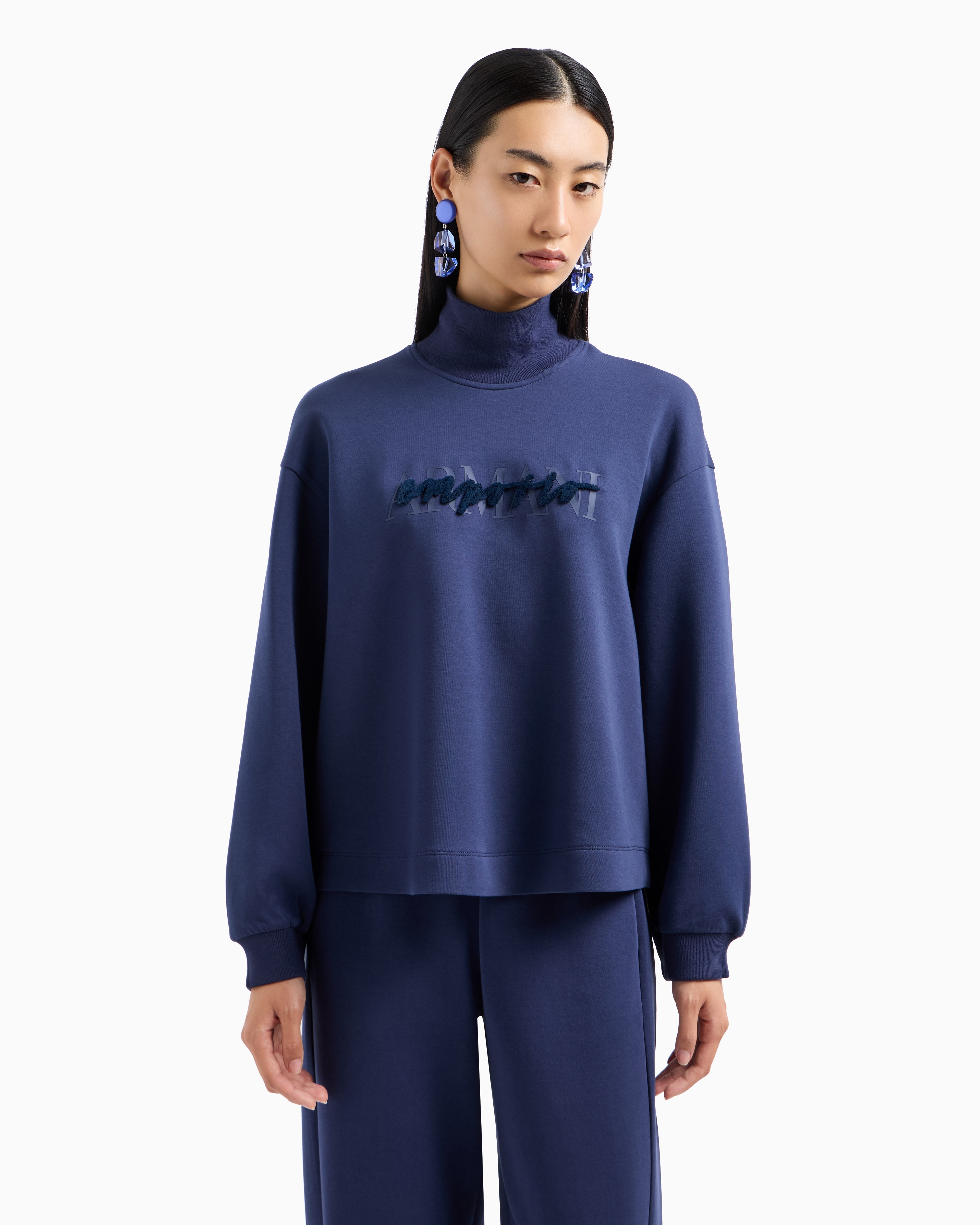 Shop Emporio Armani Double-jersey Mock-neck Sweatshirt With Gently Embossed Rubberised Logo In Blue