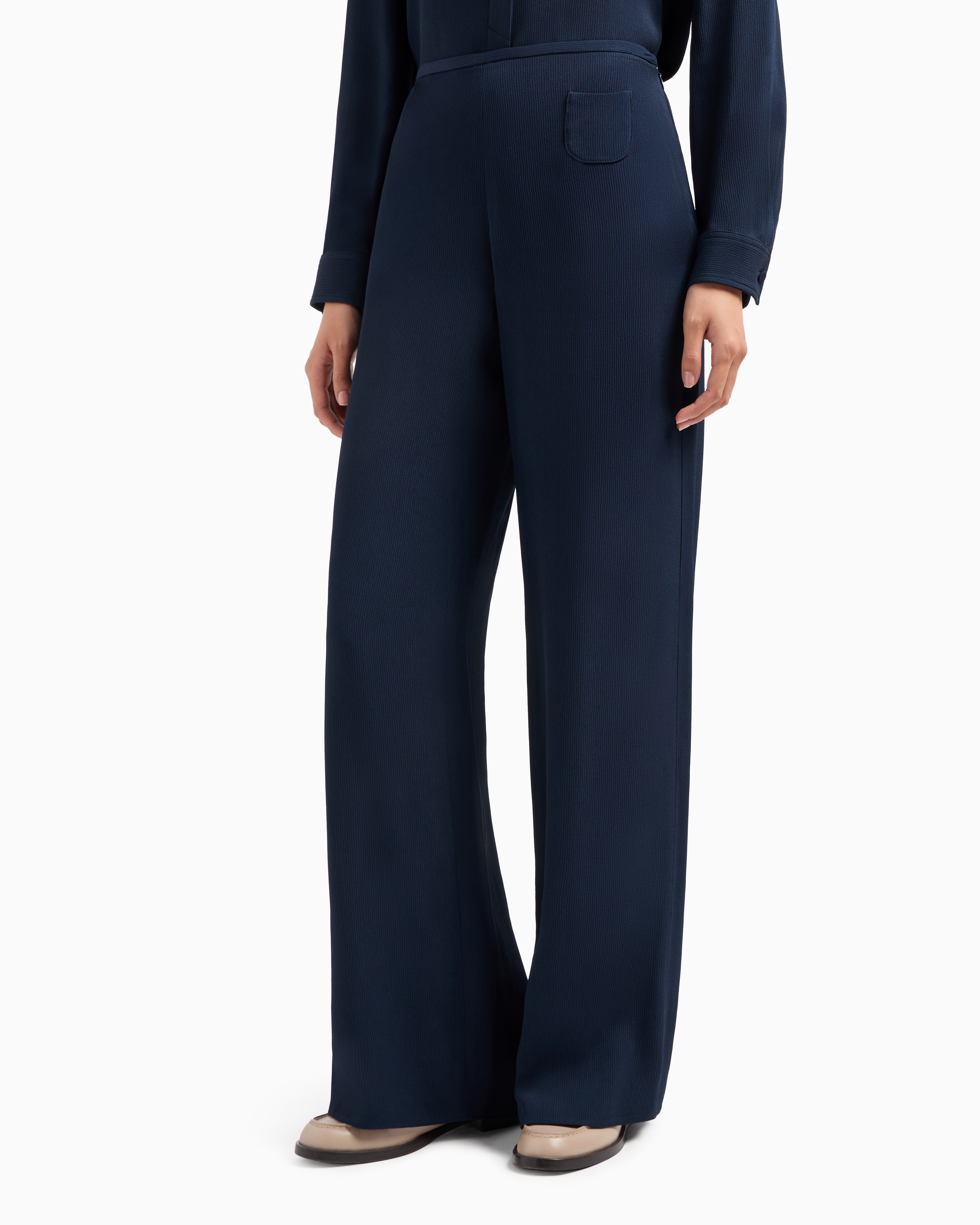 Shop Emporio Armani Icon Canneté Cady Palazzo Trousers With Small Pocket In Navy Blue