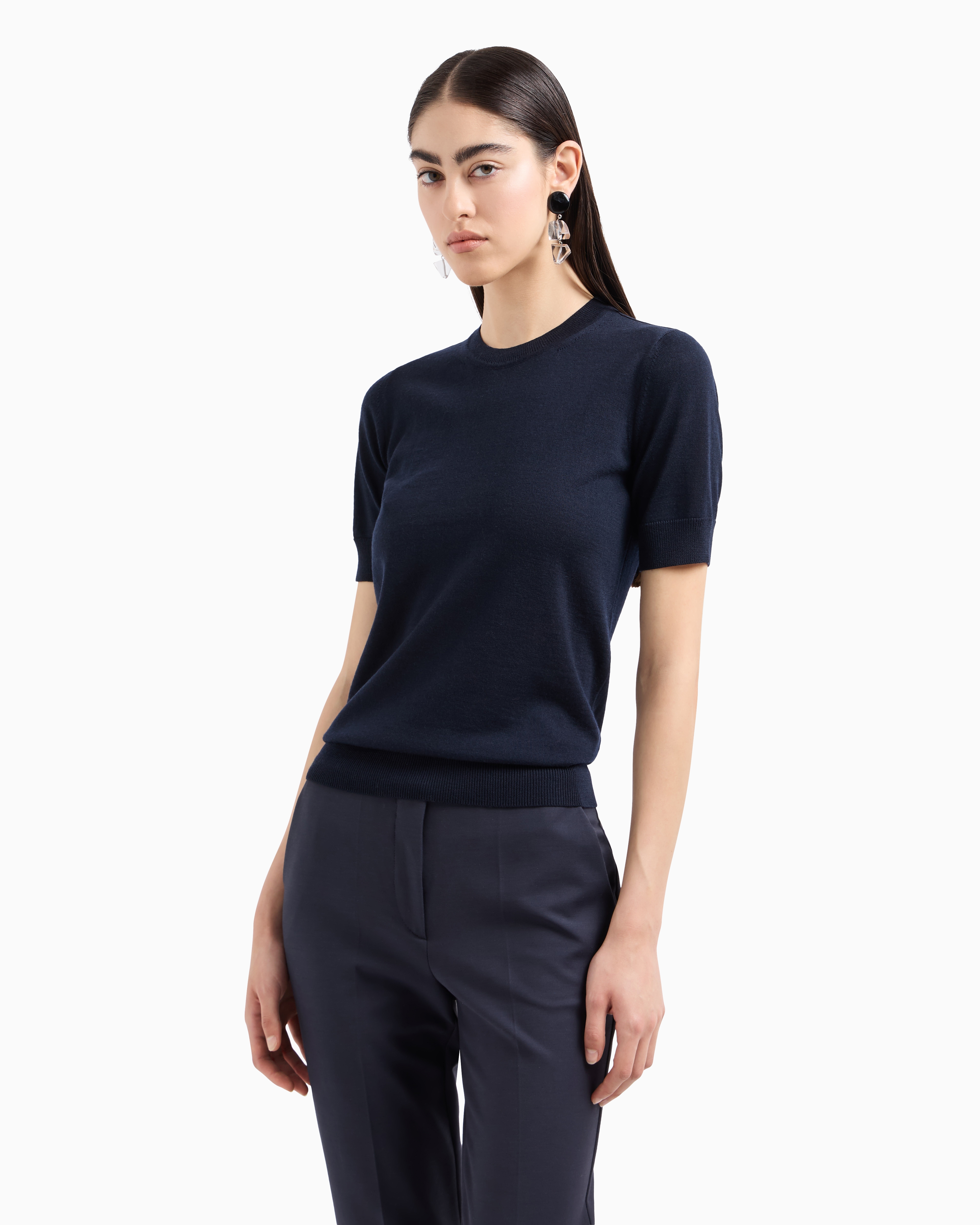 Shop Emporio Armani Short-sleeved Jumper In Plain-knit Pure Virgin Wool In Navy Blue