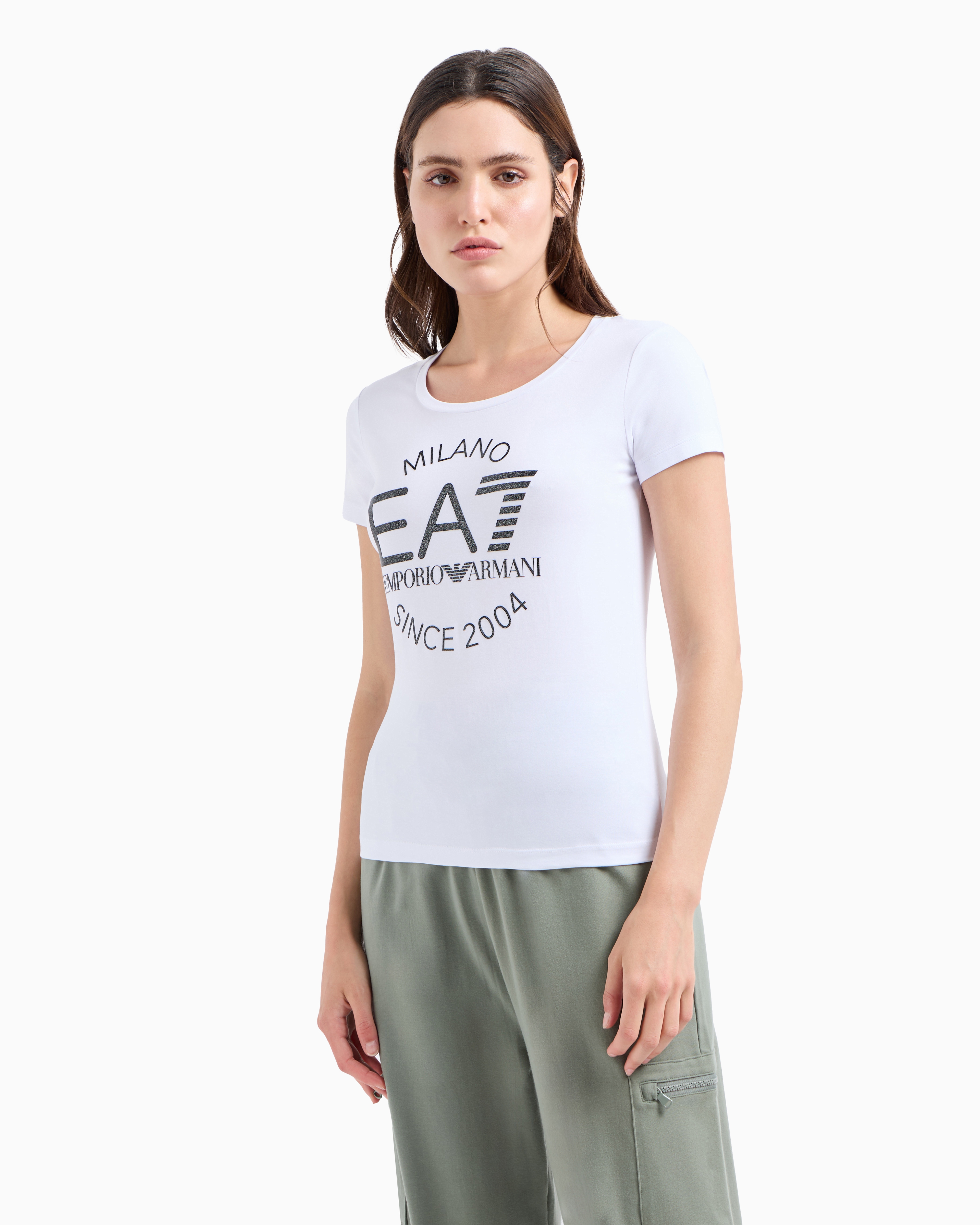 Shop Ea7 Logo Series Crossover Stretch-cotton Crew-neck T-shirt In White