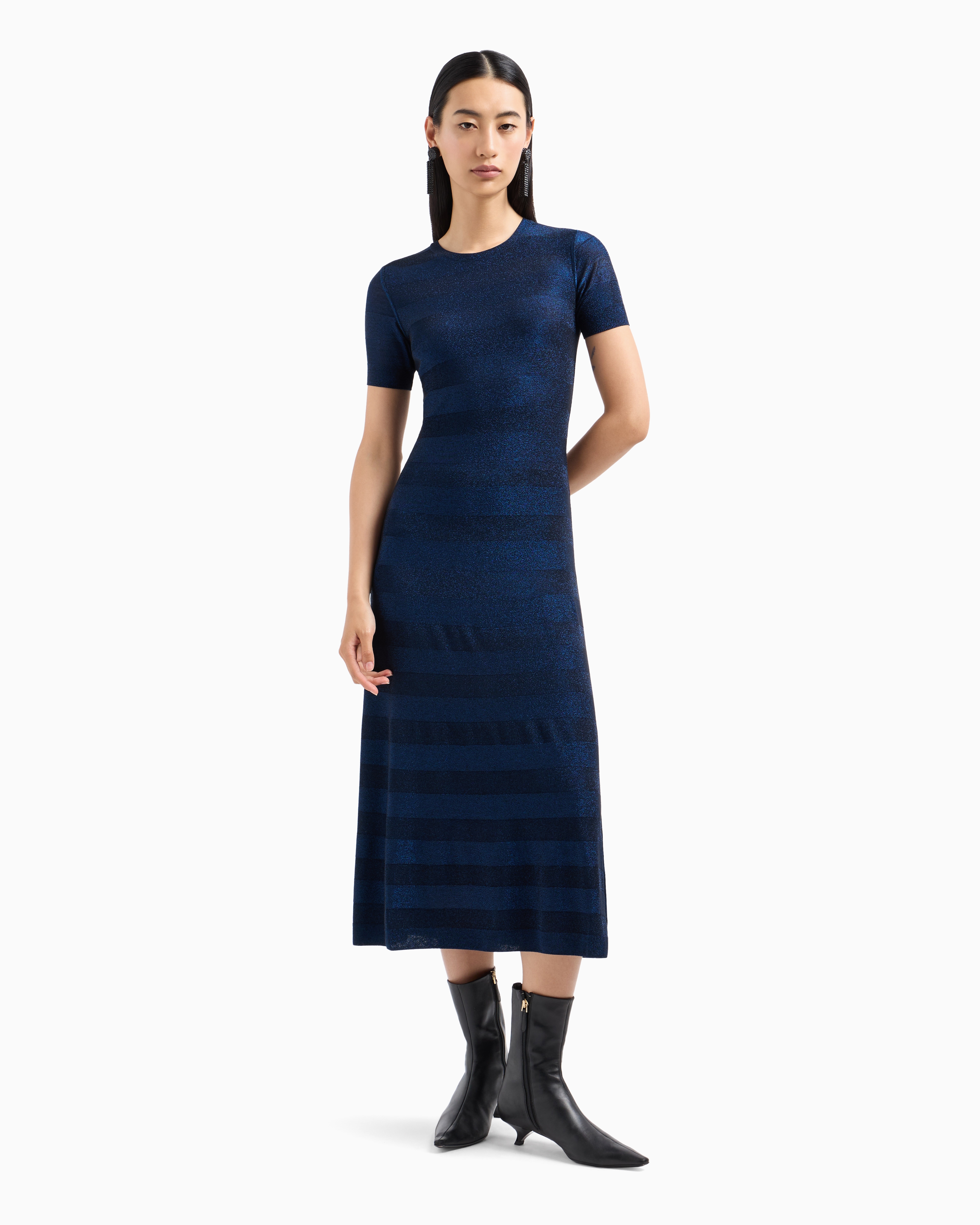 Emporio Armani Official Store Seamless Long Dress In A Viscose Knit Striped-effect Knit And Purl Construction In Blue