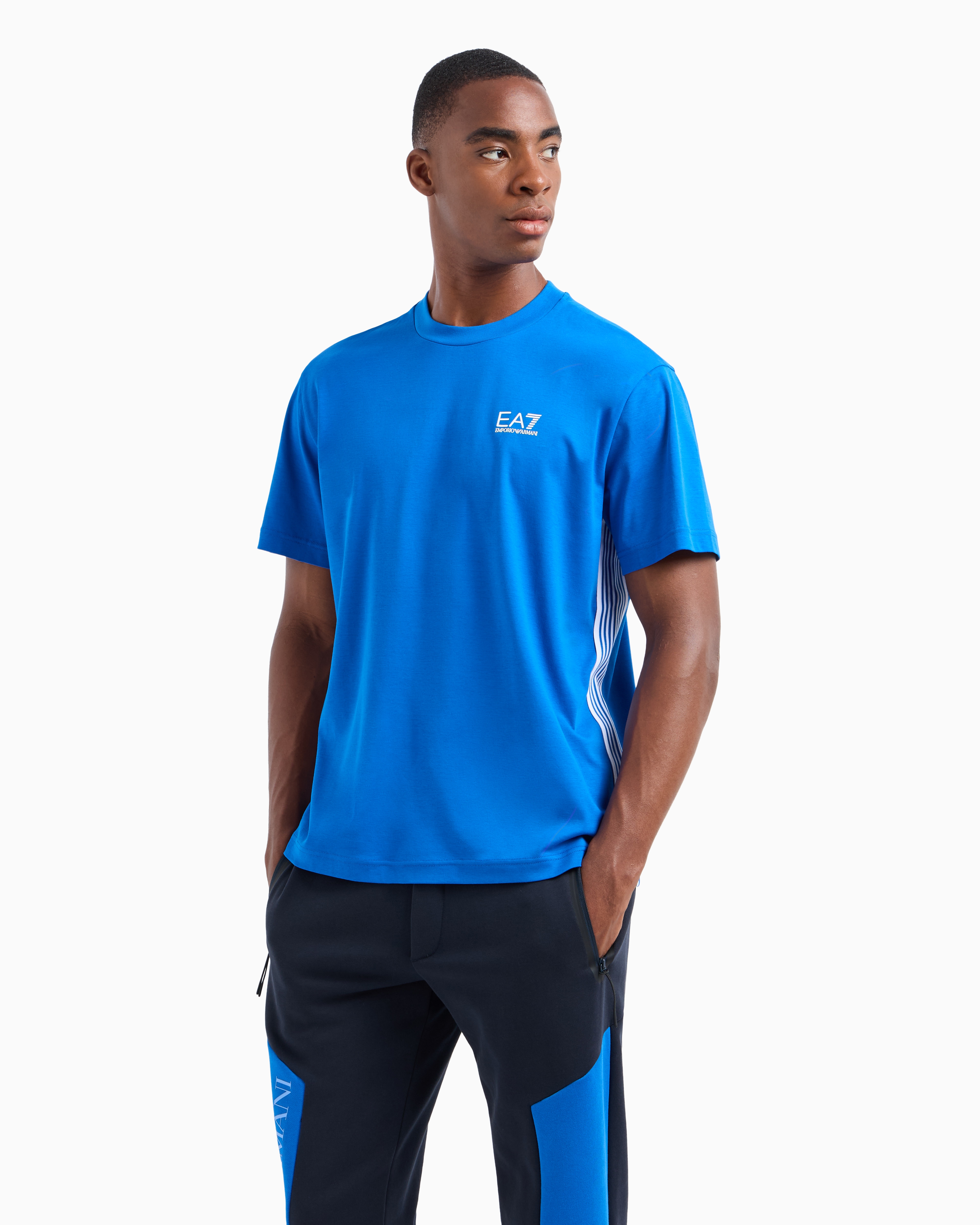 Ea7 Official Store 7 Lines Cotton Crew-neck T-shirt In Electric Blue