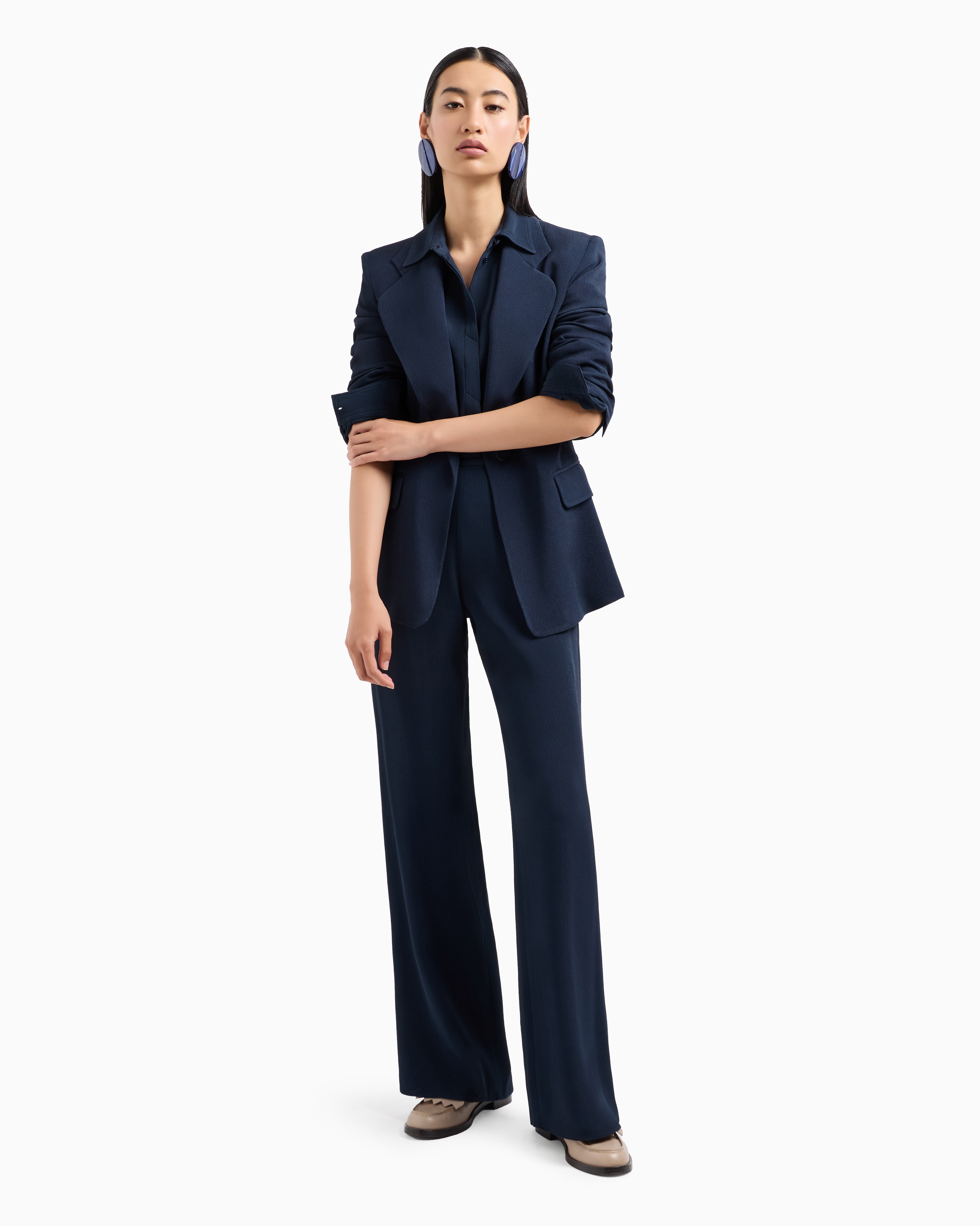 Shop Emporio Armani Icon Canneté Cady Palazzo Trousers With Small Pocket In Navy Blue